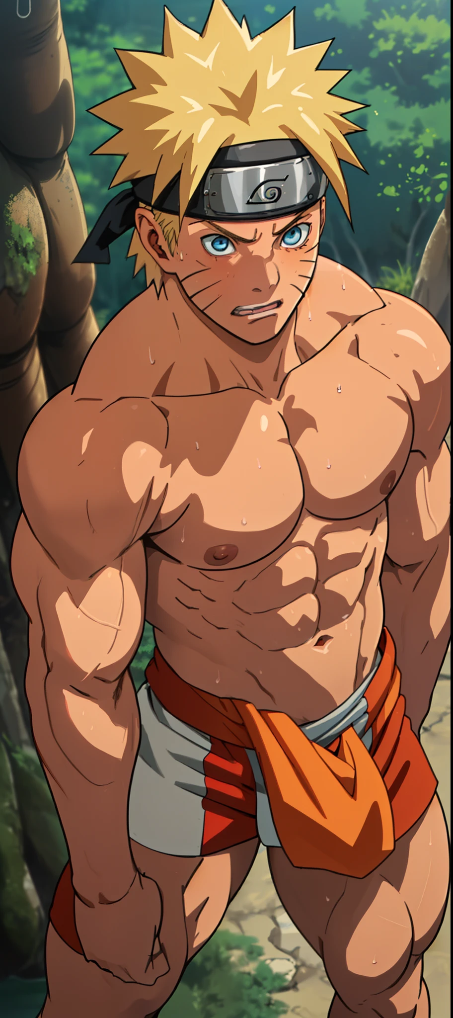 ( art of anime Naruto)  (photo angle from bottom up )(tilt angle)(tilted angle) (close up) red skin ,sunburned red skin,  boy was shy and blushed (photo subject: Close-up of muscular thigh muscles ) (photo angle from the ground upwards) [Anime photo][highest quality photo][4k,HD photo quality ] eyes blue , main wear tight and short loincloths soaking wet,the loincloth bulges (muscular thigh muscles, firm thigh muscles, muscular thigh muscles, sinewy thigh muscles, giant thigh muscles, strong leg muscles, muscular hamstring leg muscles) , bodybuilder,bodybuilding, standing, , pink skin, rosy skin , lots of sweat flowing down, topless, shirtless, hot sunny  , blue eyes, cute face, cute , boy is fun