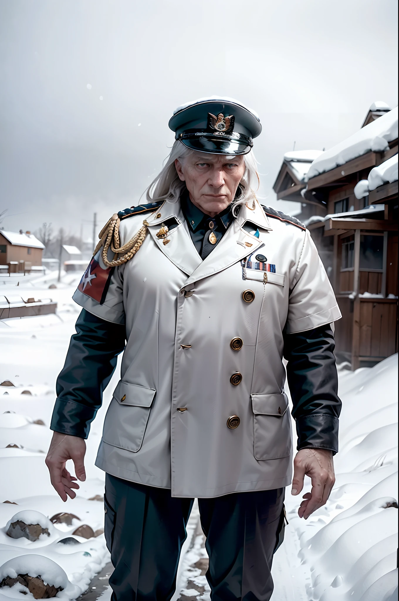 In the midst of a snowstorm on the Eastern Front during World War II, a Soviet army commander stands resolute. His face is weathered by the harsh conditions of war, and his uniform is adorned with medals and badges earned through countless battles. The snow falls heavily around him, creating an almost surreal scene of white. As he gazes into the distance, you can see the determination and strength in his eyes. Photo taken by Alexey Ivanov with a Nikon D850 and a telephoto lens. Award Winning Photography style, Documentary, 8K, Ultra-HD, Super-Resolution.