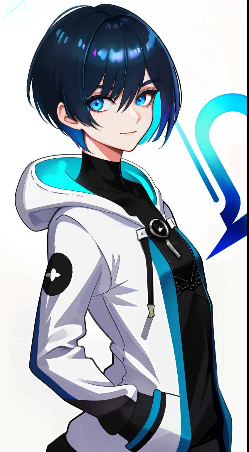 Colorful, High quality, sharp, autofocus, Looking at Viewer, 1girl in, Cool, Handsome, Blue eyes, Evil smile, (Blue and black mesh hair), short-cut, a pixie cut, hair over eyes, hair between eye, Wearing a white hoodie, Upper body, ((with a pure white background)), Cinematic, Particle Light, Best Shadow, Ray Tracking, Extremely detailed、((neuter)), ((small tits)), masterpiece, boyish, Best Quality, Beautiful, Exquisite, refined, Professional, Cool aura