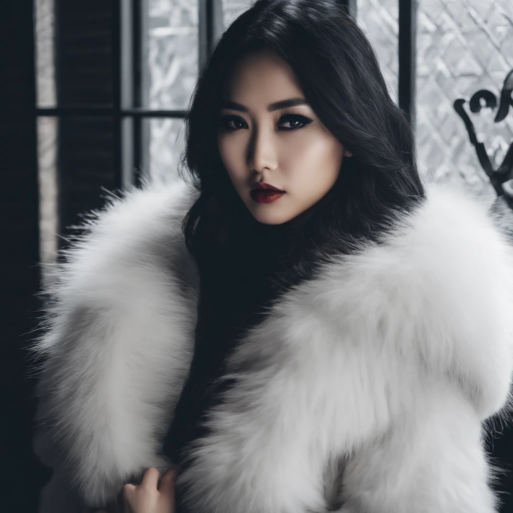 Asian Girl In White Fox Fur Coat, Knelling grabbing boobs under Fox Fur Coat. Sexy Eyes in a Hotel room.
