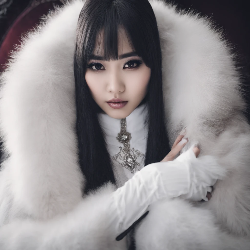 Asian Girl In White Fox Fur Coat, Knelling grabbing boobs under Fox Fur Coat. Sexy Eyes in a Hotel room.