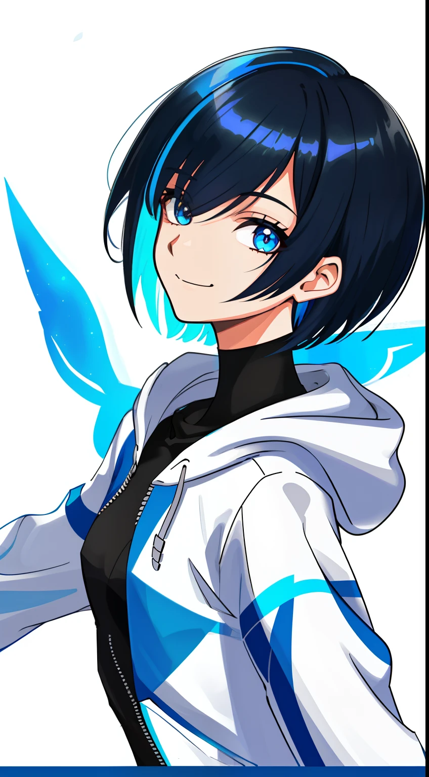 Colorful, High quality, sharp, autofocus, Looking at Viewer, 1girl in, Cool, Handsome, Blue eyes, Evil smile, Blue and black mesh hair, short-cut, a pixie cut, hair over eyes, hair between eye, Wearing a white hoodie, Upper body, ((with a pure white background)), Cinematic, Particle Light, Best Shadow, Ray Tracking, Extremely detailed、neuter, (small tits), masterpiece, Man's, flat breasts
