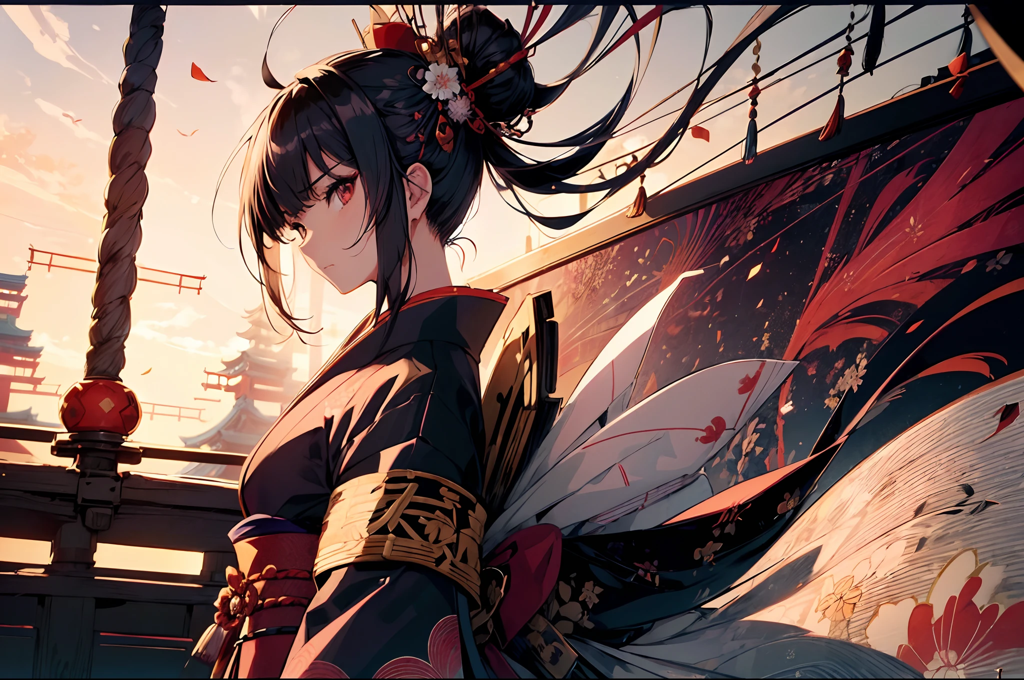 1 samurai girl, standing on bow of ship, character focus ,(cinematic angle), from below, from side ,japanease clothing, colorful kimono ,black hair,serious face ,(((looking ahead))),high resolution,(incredibly absurdres),anime visual,extremely detailed CG unity 8k wallpaper, ((masterpiece)), ((top-quality)), (beautiful illustration), ((an extremely delicate and beautiful))