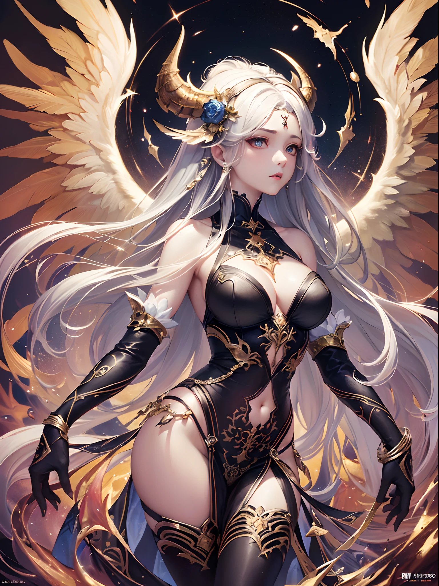 (Finest quality)),(超A high resolution),(ultra-detailliert),(Meticulous portrayal),((best pictures)),(Finest works of art),Ultra-Precision Art,The art of astounding depiction, Fantasyart:1.5, (1人の女性:1.5),Angel and demon fusion,wingspan,