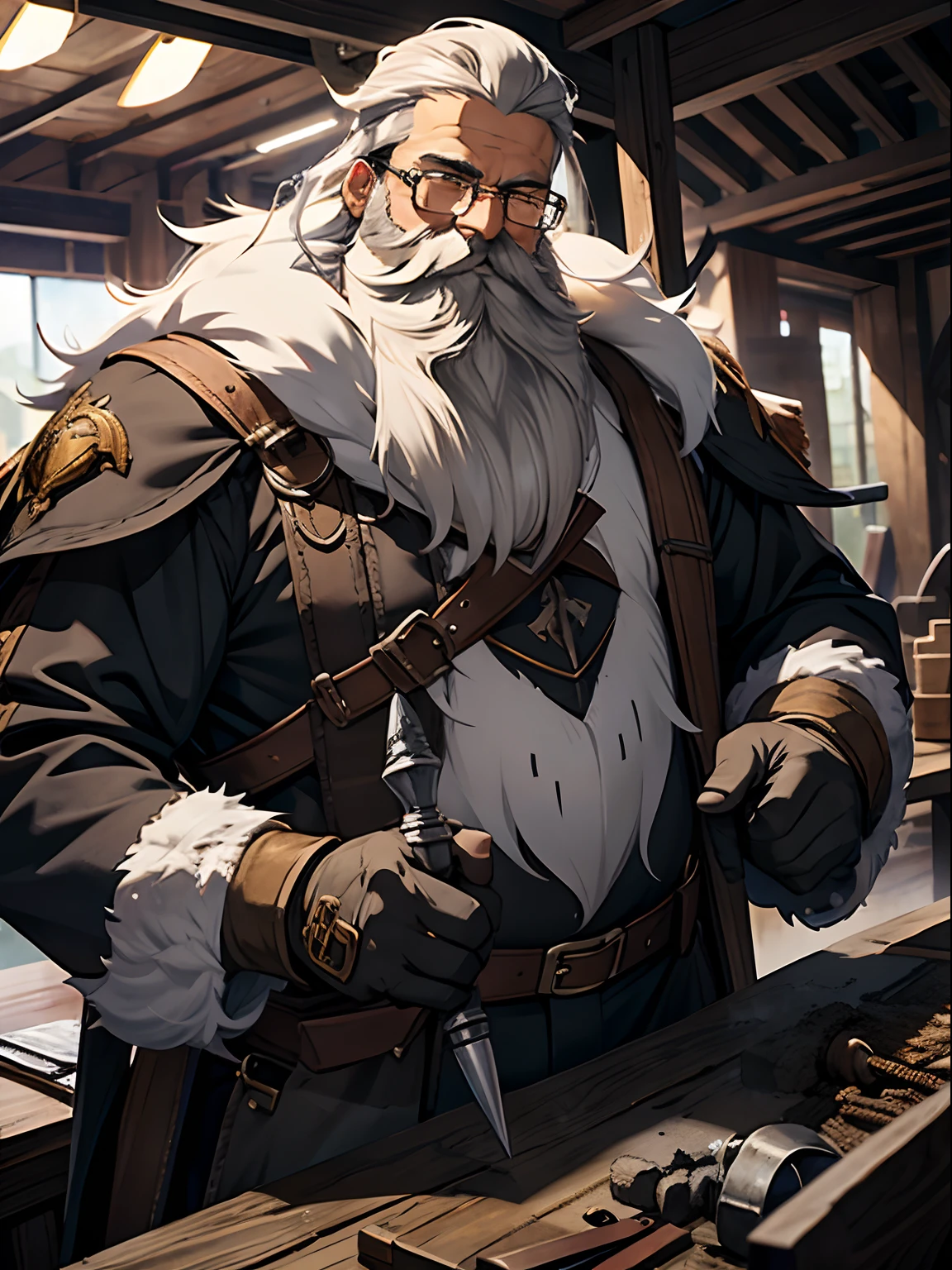 Glasses, big thick white beard, very big fluffy beard, happy, blacksmith, metal workshop