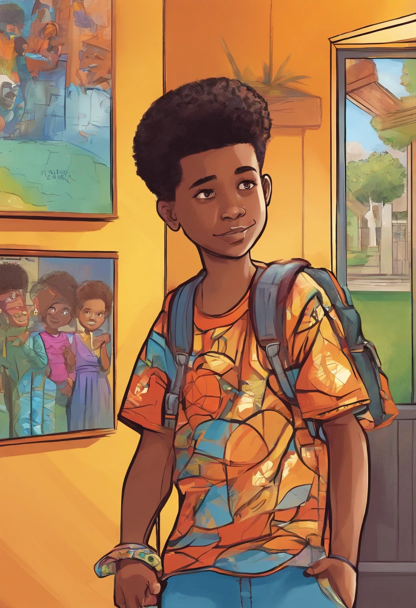 cute black boy with curly hair, coming down from a school bus, wearing a school uniform, Geometric multidimensional wall portrait, colouring, Obras, of the highest quality