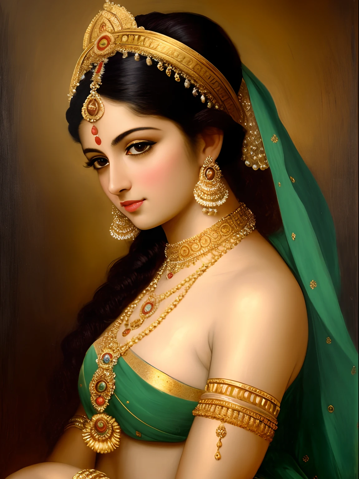 Beautiful Indian Woman, wearing saree, sari Beauty, gorgeous, Apsara, Maharani, royal queen woman, nymph from Hindu Mythology, Urvashi, matchless beauty, Highly detailed, Oil Painting by Peter Paul Rubens inspired by Raja Ravi Varma, Matchless beauty, captivating, gorgeous, heavenly beauty, celestial beauty, by Peter Paul Rubens, 13, realistic, hyper realistic, micro details, incredible artwork, insane details, ultra High resolution, 8k, 32k, acrylic on canvas, intricate, flawless, detailed, detailed face, detailed eyes, masterpiece, by Peter Paul Rubens, by Caravaggio, by William Adolphe bouguereau, perfect face, perfect body, beautiful art, realism, baroque, renaissance Art, highly textured, beautiful and detailed eyes, uhd, best quality,