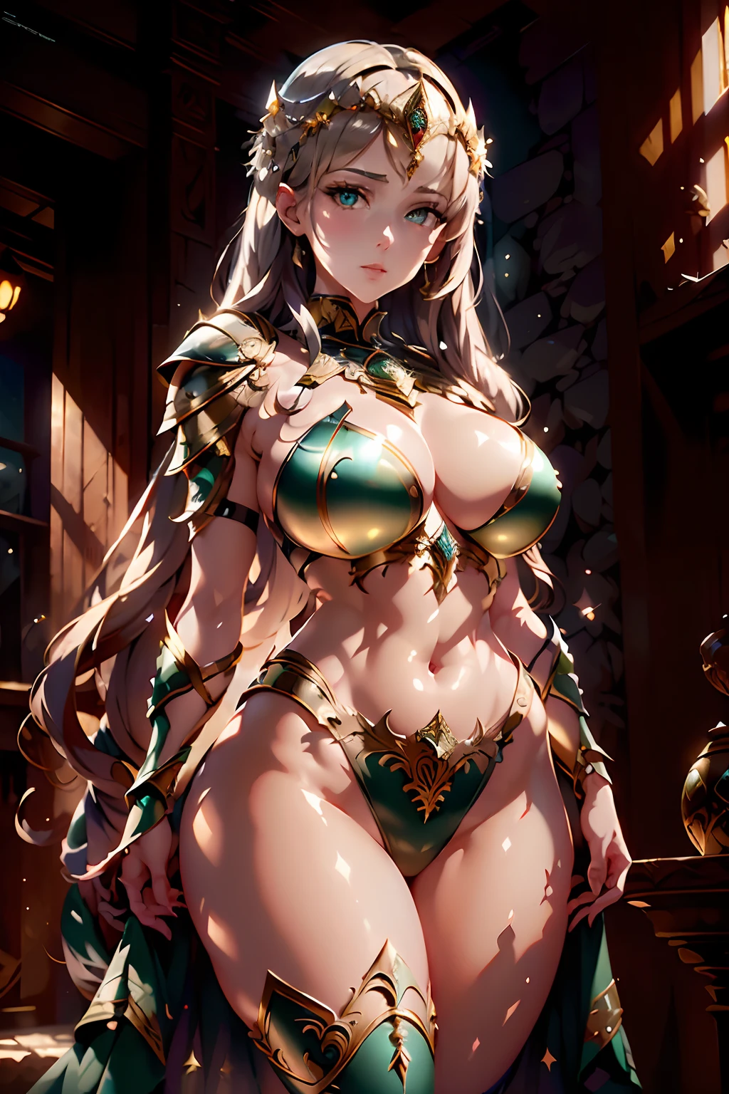 Beautiful young woman, medium breasts, Scarab beetle armor, armor breast plate, beautiful shiny beetle like armor, sparkling emerald green armor, intricate beetle shell patterns, golden accents, ethereal glow, majestic pose, mesmerizing eyes, flowing golden hair, mystical background, mythical aura, high-res details, lifelike realism, vibrant colors, expert lighting, photorealistic rendering, surreal fantasy, captivating artistry, breathtaking masterpiece.