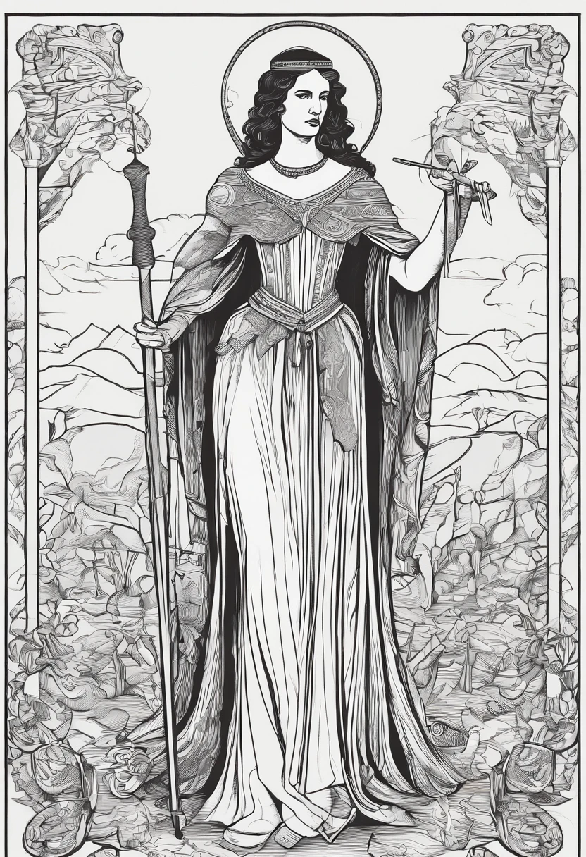 Desenhe uma mulher com longos cabelos pretos, being burned at the stake during the Middle Ages. She's holding a cigarette, acendendo-o nas chamas crepitantes da fogueira. Use um estilo de hachuras detalhado, epic pencil drawing medieval.