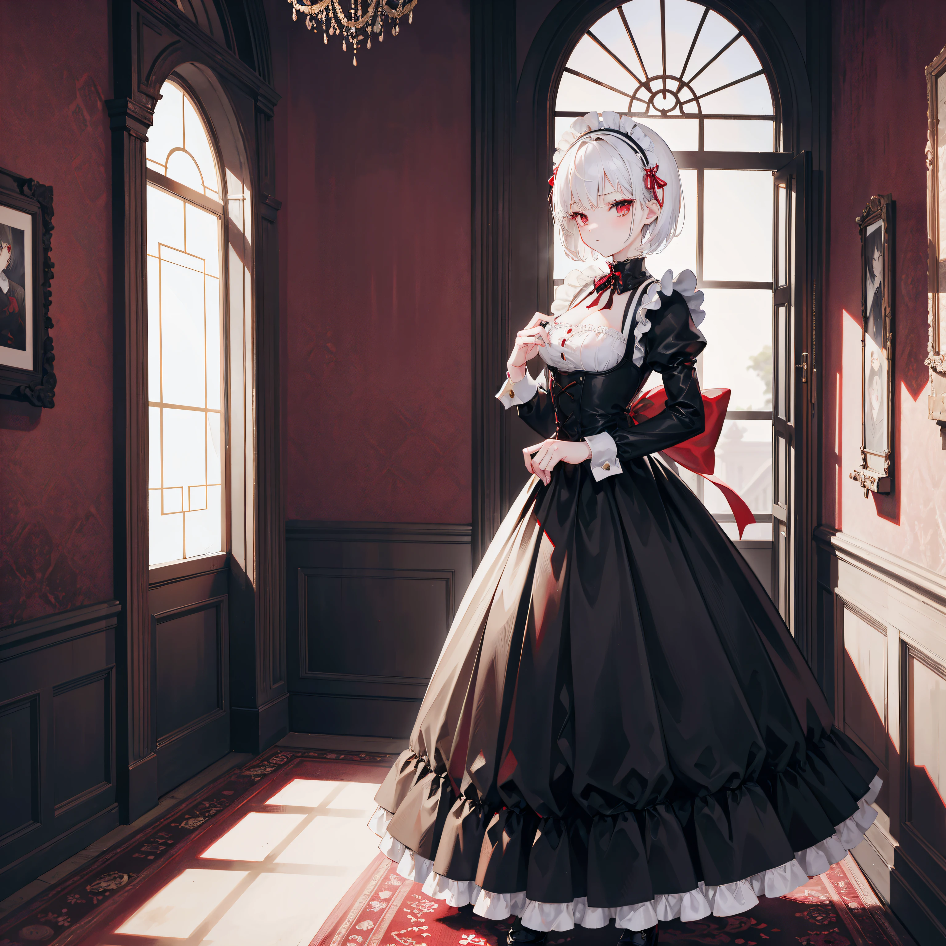 1girl, white short hair, red eyes, wearing black classic victorean era maid outfit, maid, mansion, indoors, hallway, mansion hallway, victorian era, absurdres, high res, ultrasharp, 8K, masterpiece, 5 fingers each hand