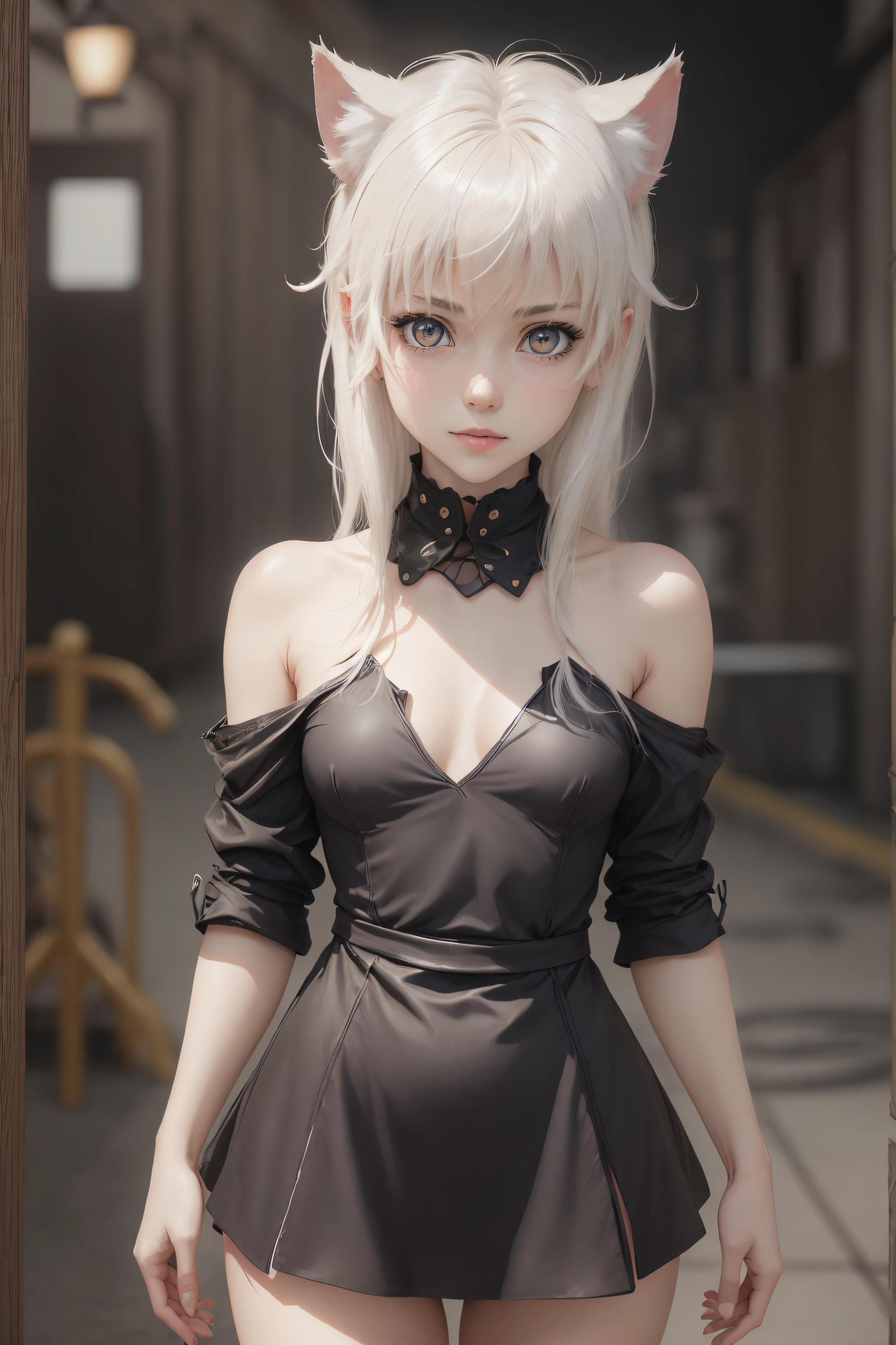A girl with cat ears looks at the camera while standing outside at night, She is dressed in a black tight top and short shorts, Miniature figure, Model appearance, bright eyes and white hair, hairpins in the hair, skinny waist, Slender figure, confusion, sexuality, Beautiful cat ears, little chest, Sweet girl, attractive anime girl, beautiful anime girl, Cute beautiful anime woman, detailed digital anime art, beautiful anime girl, beautiful anime girl, Anime with small details, Best Quality, Masterpiece, Ultra-detailed, Beautiful, hight resolution, Original,CG 8K ультрареалистичный, perfect artwork, beatiful face, Face Clean, Skin, hyper realistic, Ultra Detailed, A detailed eye, dramatic lighting, (Realistic) Realistic, Full HD, Best Quality, Best Quality, Beautiful lighting, (8k wallpaper of extremely detailed CG unit), High Details, sharp-focus, The art of dramatic and photorealistic painting, beautiful smile,