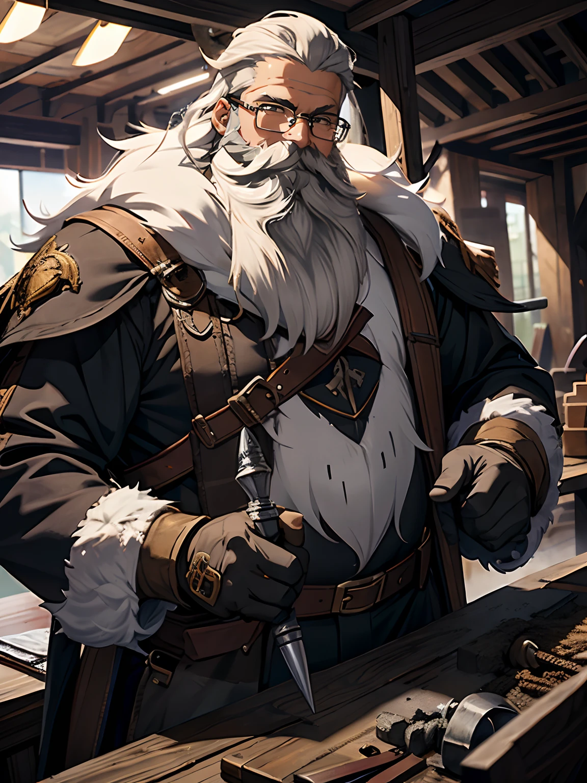 Glasses, big thick white beard, very big fluffy beard, happy, blacksmith, metal workshop