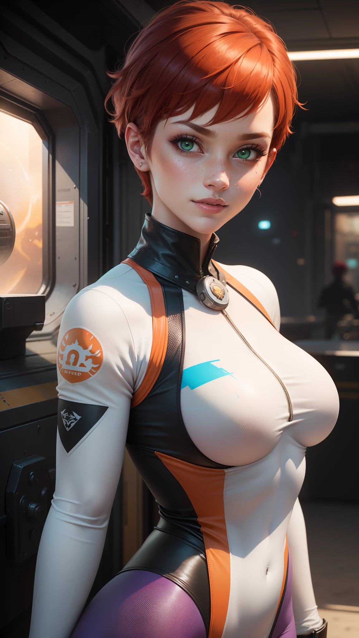 gwen tennyson,tracer,jill valentine, rebecca chambers,overwatch,resident evil,close up,mecha pilot,body paint, haunted mansion,tattoos,blue and gray plugsuit,white short sleeve silk top,steel cargo pants,uncovered belly, short hair,cute makeup,green eyes, red and gold hair,shy smile,freckles, redhead,beautiful girl,large breasts, ultra detailed,realistic,fantasy art, military uniform,steel armor,monster lab,moonlight,police uniform,pilot jacket,ear piercings,hair pin,wet body, solo girl,1girl,