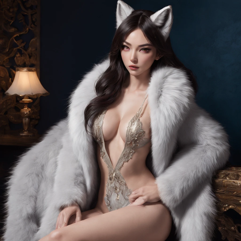 (best quality,4k,8k,highres,masterpiece:1.2),ultra-detailed,(realistic,photorealistic,photo-realistic:1.37), Ahri in a stunning blue fox fur coat, her figure wrapped in warmth and elegance as she stands confidently. Her captivating eyes, filled with mischief and allure, draw you in with their beauty. Her luscious lips, perfectly painted in a seductive shade, hint at untold secrets.

Ahri kneels in a provocative pose, her hands wandering sensually towards her chest, grabbing her voluptuous breasts underneath the luxuriously soft fox fur coat. The smooth and shiny texture of the fur glimmers in the light, adding a touch of glamour and decadence to the scene.

Her sexy look sends shivers down your spine as she gazes directly at you, her smoldering gaze igniting a flame of desire. With her enticing presence, she exudes confidence and power, leaving you enchanted and captivated.

Surrounding Ahri, a room adorned with exquisite fox fur accents creates an opulent and indulgent atmosphere. The walls are adorned with beautiful fox fur wallpaper, reflecting the elegance and sophistication of the environment. The furniture, upholstered in sumptuous fox fur, offers a luxurious and cozy seating area.

Adding a playful twist, Ahri wears a revealing fox fur bikini underneath her coat. The lush fur embraces her curves, accentuating her alluring and seductive figure.

The color palette of the artwork leans towards cool tones, emphasizing the blue hues of Ahri's coat and the vividness of her eyes. The lighting, carefully designed to illuminate every detail, casts a soft and flattering glow on Ahri's face, enhancing her features with a touch of sensual allure.

This prompt combines the elements of fantasy, sensuality, and luxury, resulting in a visually stunning masterpiece that tantalizes the senses and captures the essence of Ahri in her seductive blue fox fur coat.