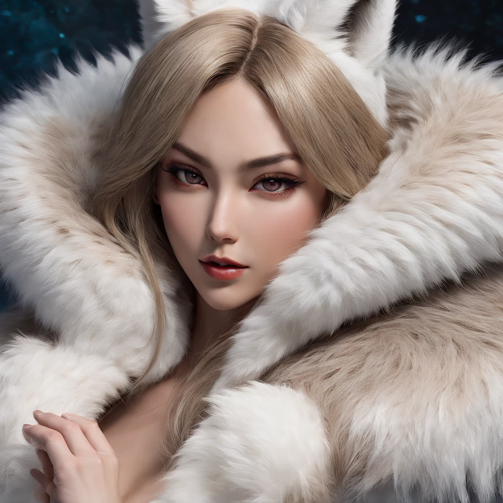 (best quality,4k,8k,highres,masterpiece:1.2),ultra-detailed,(realistic,photorealistic,photo-realistic:1.37), Ahri in a stunning blue fox fur coat, her figure wrapped in warmth and elegance as she stands confidently. Her captivating eyes, filled with mischief and allure, draw you in with their beauty. Her luscious lips, perfectly painted in a seductive shade, hint at untold secrets.

Ahri kneels in a provocative pose, her hands wandering sensually towards her chest, grabbing her voluptuous breasts underneath the luxuriously soft fox fur coat. The smooth and shiny texture of the fur glimmers in the light, adding a touch of glamour and decadence to the scene.

Her sexy look sends shivers down your spine as she gazes directly at you, her smoldering gaze igniting a flame of desire. With her enticing presence, she exudes confidence and power, leaving you enchanted and captivated.

Surrounding Ahri, a room adorned with exquisite fox fur accents creates an opulent and indulgent atmosphere. The walls are adorned with beautiful fox fur wallpaper, reflecting the elegance and sophistication of the environment. The furniture, upholstered in sumptuous fox fur, offers a luxurious and cozy seating area.

Adding a playful twist, Ahri wears a revealing fox fur bikini underneath her coat. The lush fur embraces her curves, accentuating her alluring and seductive figure.

The color palette of the artwork leans towards cool tones, emphasizing the blue hues of Ahri's coat and the vividness of her eyes. The lighting, carefully designed to illuminate every detail, casts a soft and flattering glow on Ahri's face, enhancing her features with a touch of sensual allure.

This prompt combines the elements of fantasy, sensuality, and luxury, resulting in a visually stunning masterpiece that tantalizes the senses and captures the essence of Ahri in her seductive blue fox fur coat.