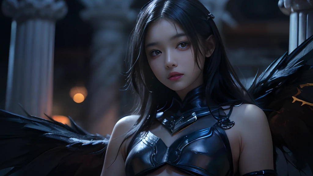 8K, Raw photo, Photorealistic, (Detailed skin, Best Quality:1.2), (black wings), ((bikini armor, black armor)), (((Small chest:1.2))), ( black long hair:1.3, wavy hair), Teenage girl with black wing in an abandoned temple at night, (Baby face:1.1, Neat face, Fairer skin), thighs, Full body shot, (low angle shot:1.2)
