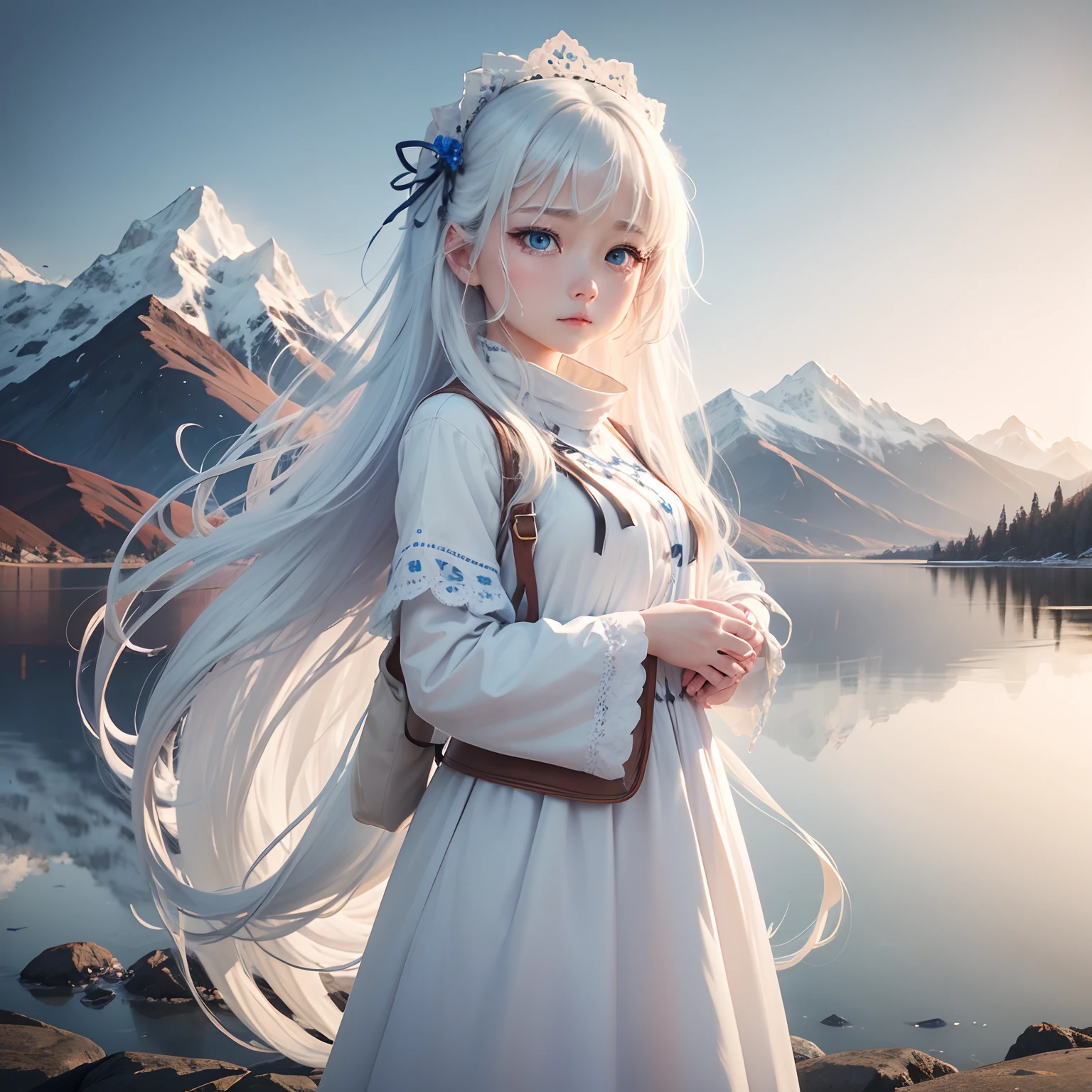 In the background are mountains, a beautiful girl name is May, 1  with blue eyes, long white hair, wearing a white is cry