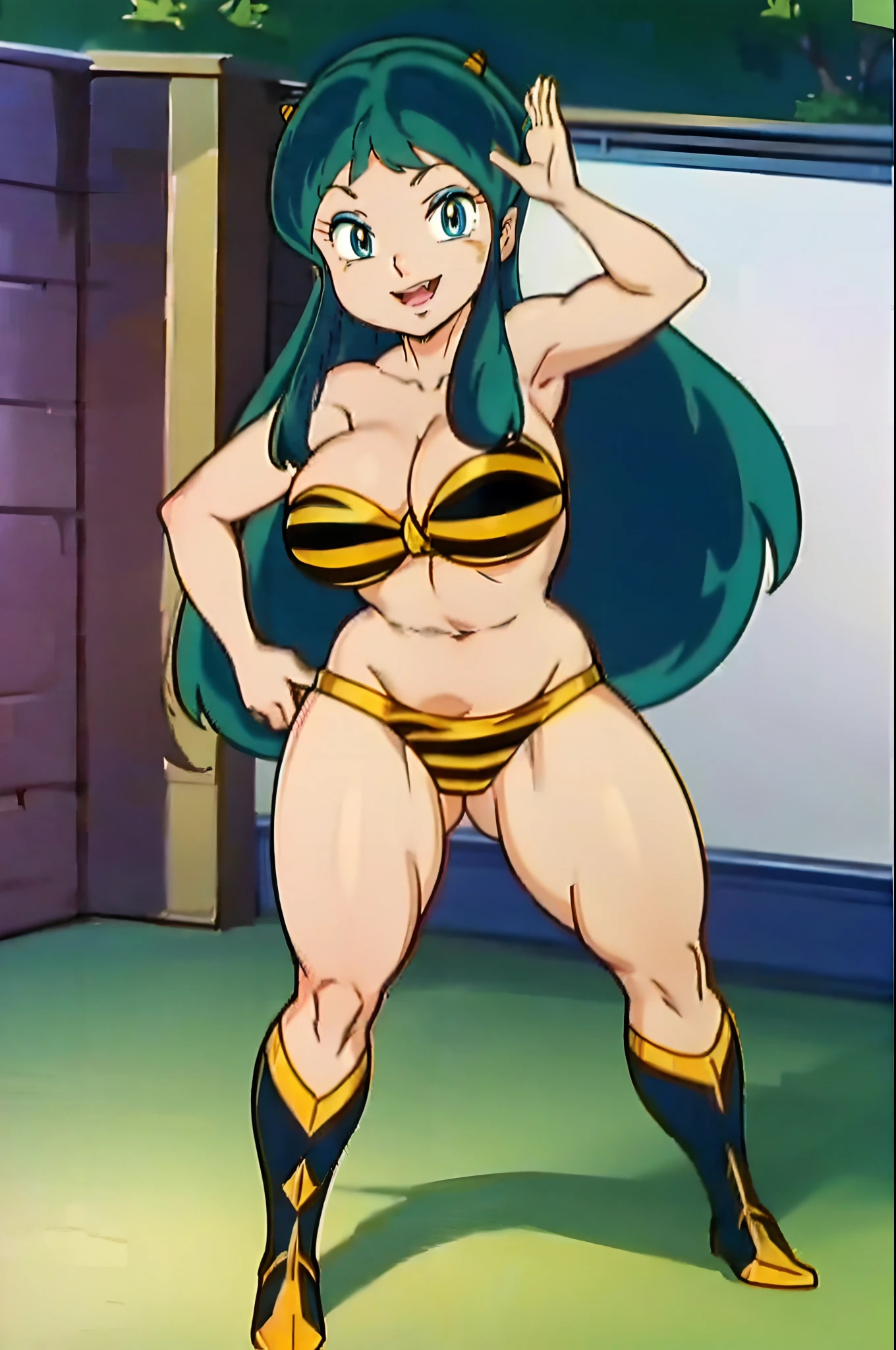 lum, , standing,, boots, oni, smile,, full body, sentai, bikini, horns, curvy, big , open mouth teeth