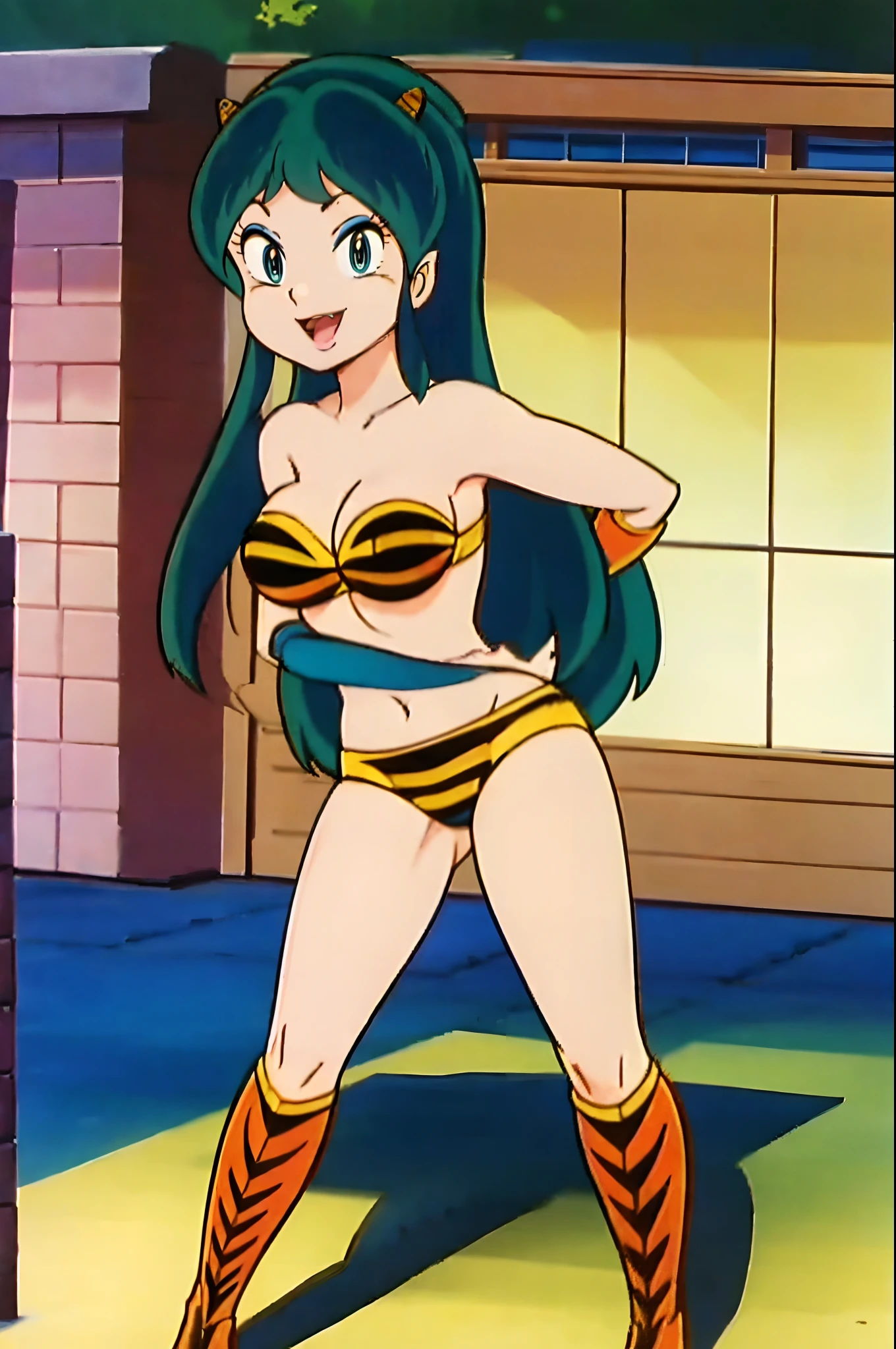 lum, superhero costume,, standing,, boots, oni, smile,, full body, sentai, bikini, horns, curvy, big breast, open mouth teeth