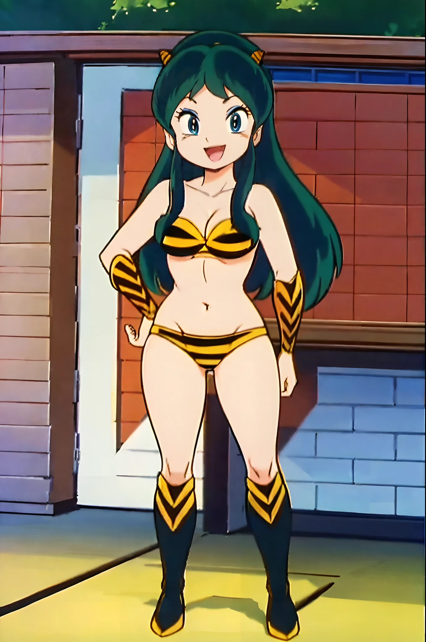 lum, superhero costume,, standing,, boots, oni, smile,, full body, sentai, bikini, horns, curvy, big breast, open mouth teeth