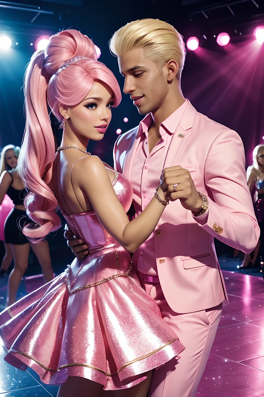 Barbie and Ken dancing bachata, Barbie-themed party, Pink surroundings, merriment, music, Balls, Flashes of light, --auto