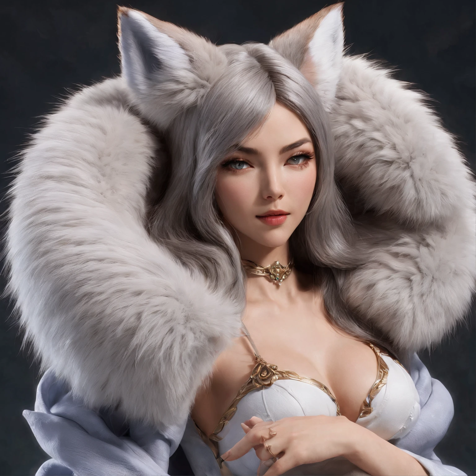 (best quality,4k,8k,highres,masterpiece:1.2),ultra-detailed,(realistic,photorealistic,photo-realistic:1.37), Ahri in a stunning blue fox fur coat, her figure wrapped in warmth and elegance as she stands confidently. Her captivating eyes, filled with mischief and allure, draw you in with their beauty. Her luscious lips, perfectly painted in a seductive shade, hint at untold secrets.
Ahri kneels in a provocative pose, her hands wandering sensually towards her chest, grabbing her voluptuous breasts underneath the luxuriously soft fox fur coat. The smooth and shiny texture of the fur glimmers in the light, adding a touch of glamour and decadence to the scene.
Her sexy look sends shivers down your spine as she gazes directly at you, her smoldering gaze igniting a flame of desire. With her enticing presence, she exudes confidence and power, leaving you enchanted and captivated.
Surrounding Ahri, a room adorned with exquisite fox fur accents creates an opulent and indulgent atmosphere. The walls are adorned with beautiful fox fur wallpaper, reflecting the elegance and sophistication of the environment. The furniture, upholstered in sumptuous fox fur, offers a luxurious and cozy seating area.
Adding a playful twist, Ahri wears a revealing fox fur bikini underneath her coat. The lush fur embraces her curves, accentuating her alluring and seductive figure.
The color palette of the artwork leans towards cool tones, emphasizing the blue hues of Ahri's coat and the vividness of her eyes. The lighting, carefully designed to illuminate every detail, casts a soft and flattering glow on Ahri's face, enhancing her features with a touch of sensual allure.
This prompt combines the elements of fantasy, sensuality, and luxury, resulting in a visually stunning masterpiece that tantalizes the senses and captures the essence of Ahri in her seductive blue fox fur coat.