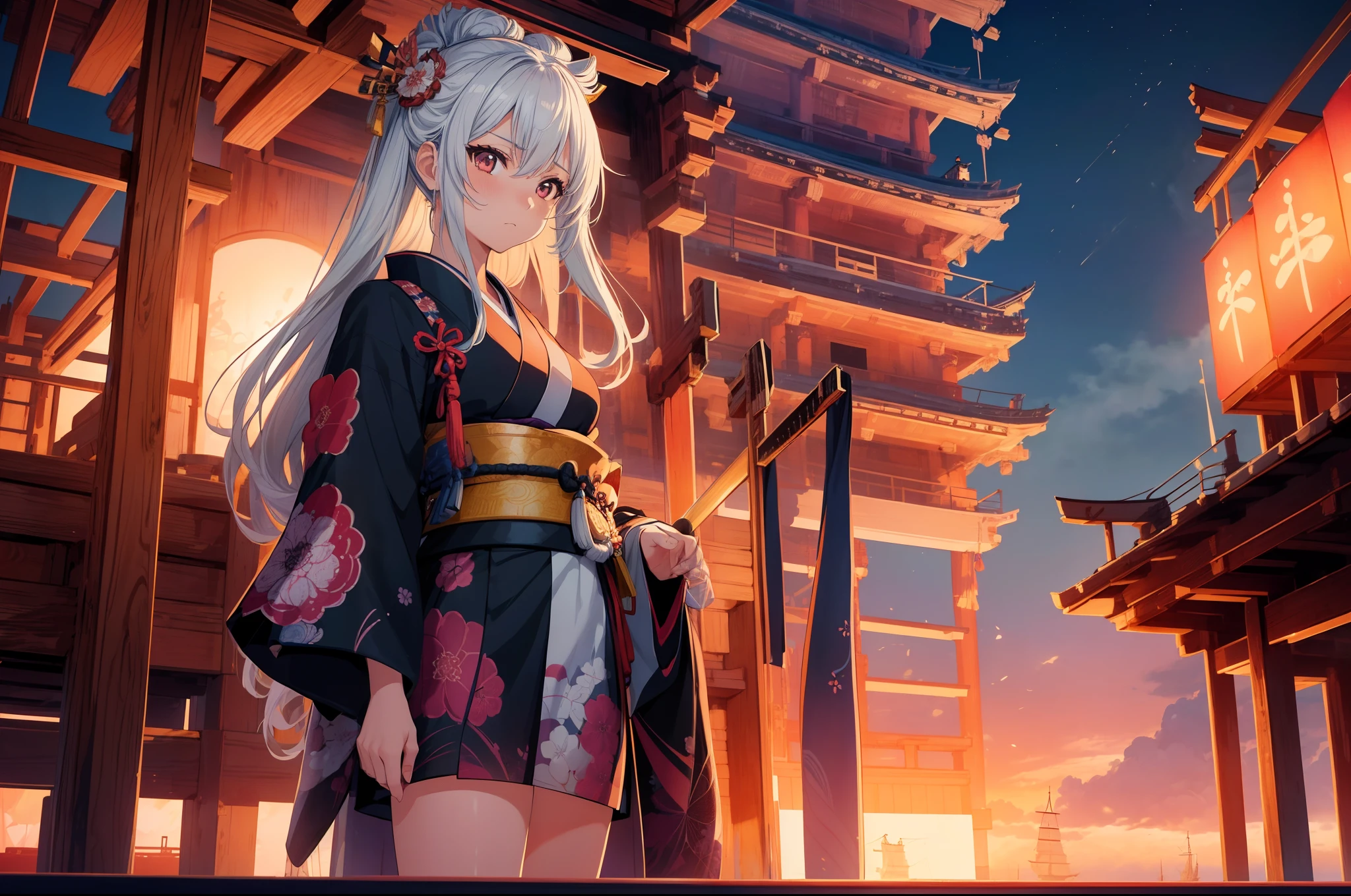 1 samurai girl, ((standing on ship)), (from below), from side,cowboy shot ,japanease clothing, vivid kimono ,serious face ,(((looking away))), background sea, high resolution,(incredibly absurdres),anime visual,extremely detailed CG unity 8k wallpaper, ((masterpiece)), ((top-quality)), (beautiful illustration), ((an extremely delicate and beautiful))