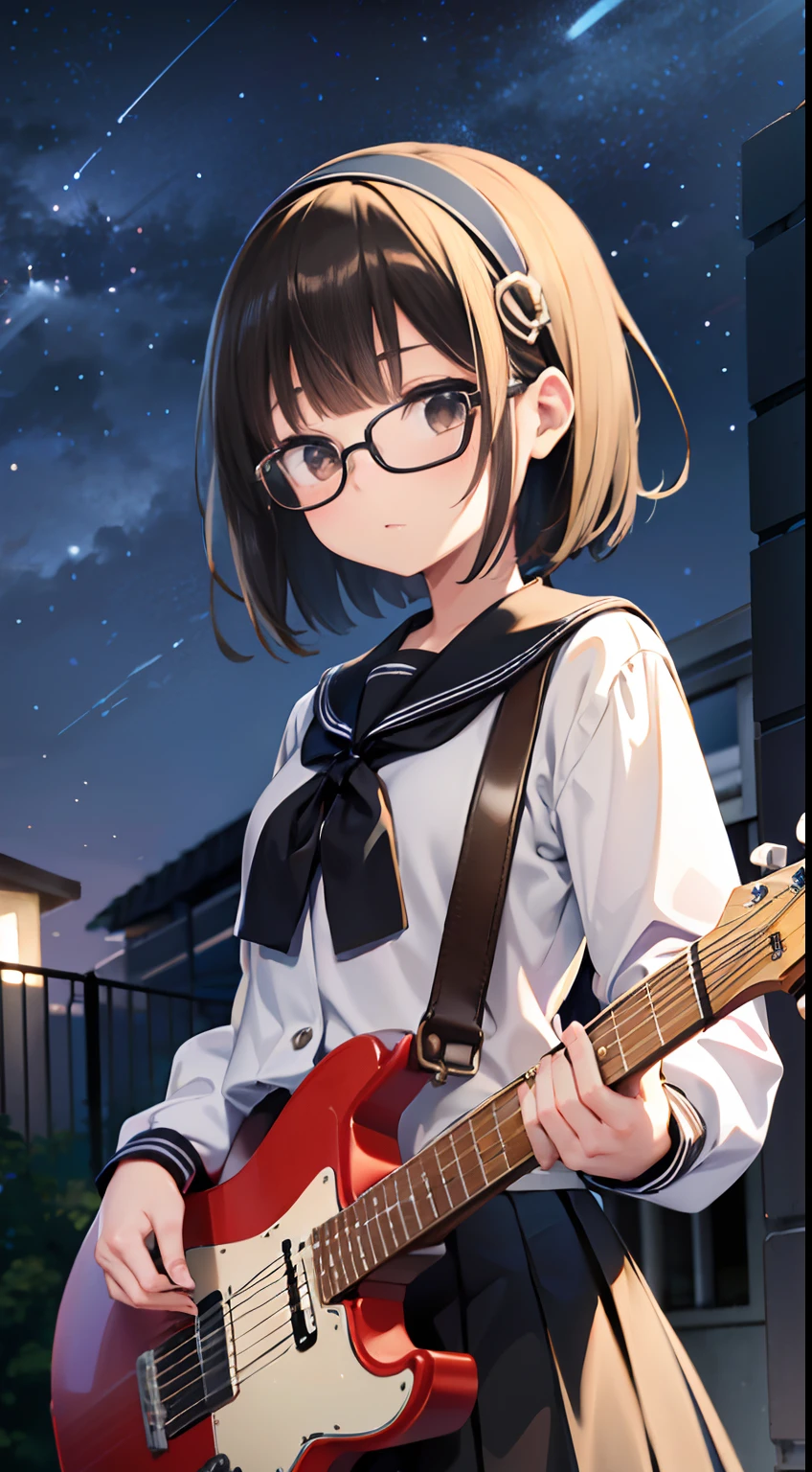 (masutepiece, Best Quality, Capture super cute moments, depth of fields, ultra-detailliert, Ultra High Resolution, C4D, Octadale, 3D Modeling, 8K, 16 K, one girls,a , small tits,A dark-haired,short-hair,straight haired,Light brown eyes, horseshoe-shaped hairband,wearing black glasses,Cute face) 、Sailor Lolita、natta、On the roof of a building、nigh sky、neons、guitar、plays the guitar