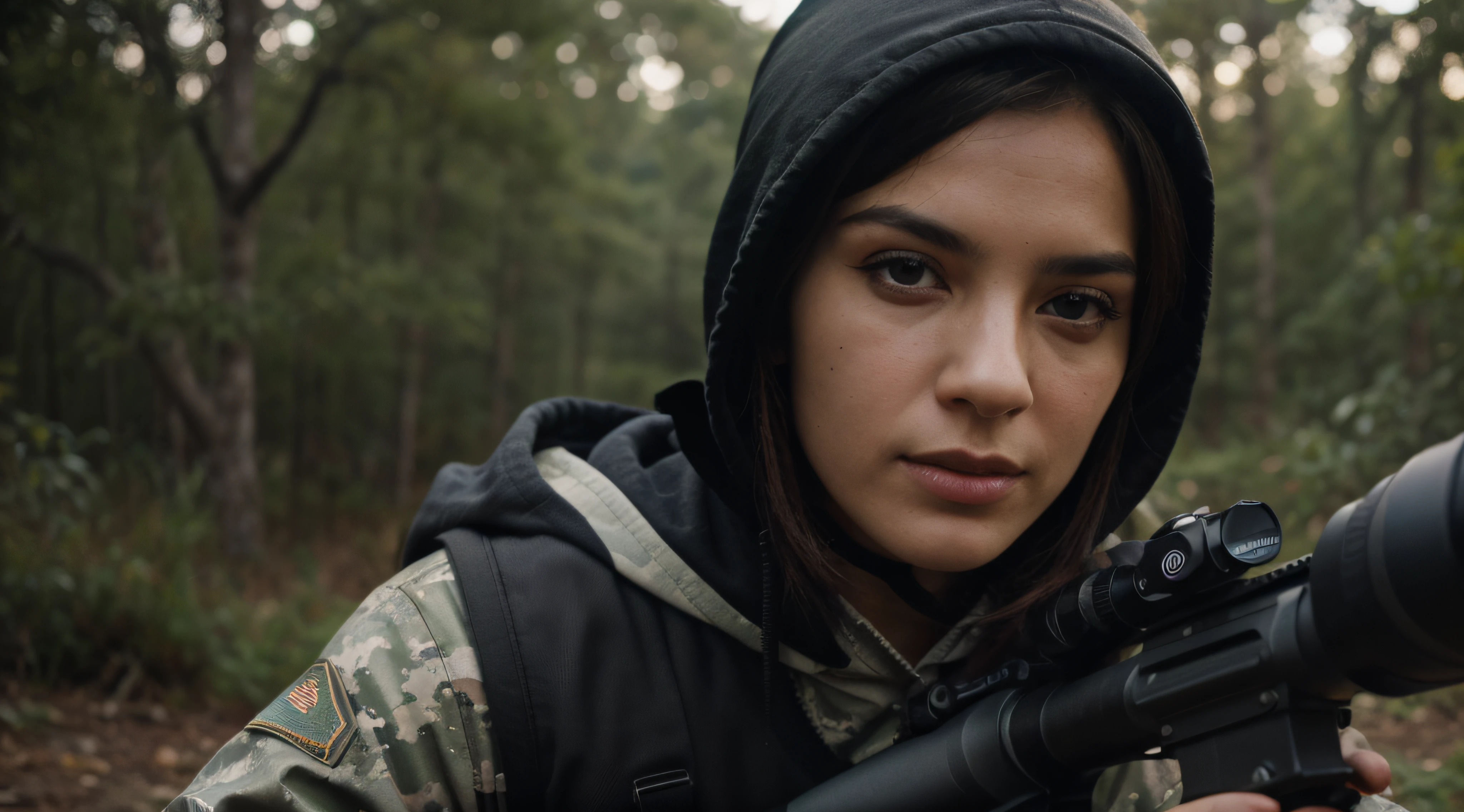 Closeup of a cyborg soldier dressed in black with a rifle in the forest, high caliber sniper fire, sniper in war, futuristic, dystopian, sniper fire, sniper dressed in black, hooded, holding a sniper rifle, game FPS shots, military photography, futuristic military weapons, perfect shot, very clear image, focused shot, dramatic light, A.C.A.B. PRIMERA LINEA CHILE SUBVERSIVO, 50mm lens, f:1.4, Close-up session, HD wallpaper, Close-up portrait shot, photo quality, extreme level of detail, cinematic, 8k