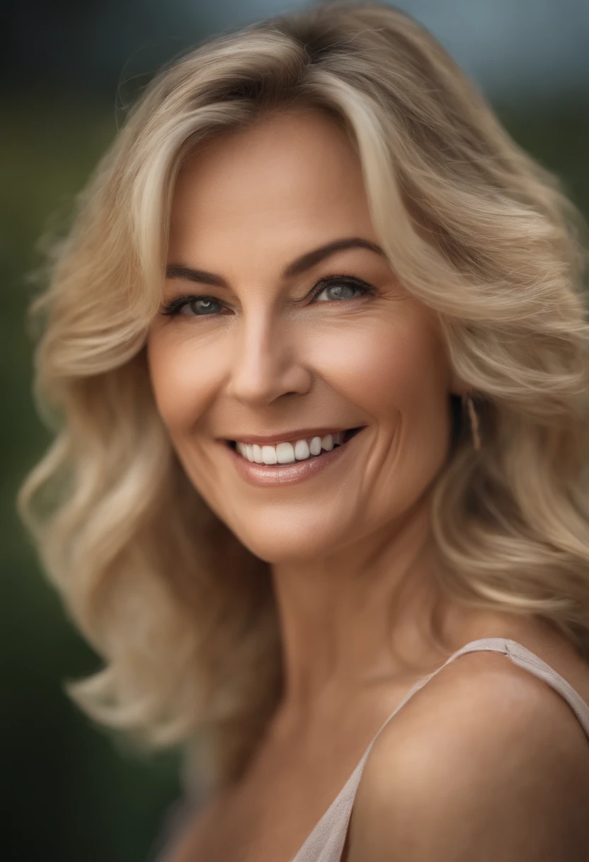 (best quality,highres,ultra-detailed),(realistic:1.37),portrait,beautiful middle-aged woman,happy expression,medium beauty,soft lighting,fine details,natural skin texture,subtle makeup,joyful atmosphere,casual clothing,blonde hair,medium length,happy smile,elegant appearance,serene background,pleasant colors,photography style