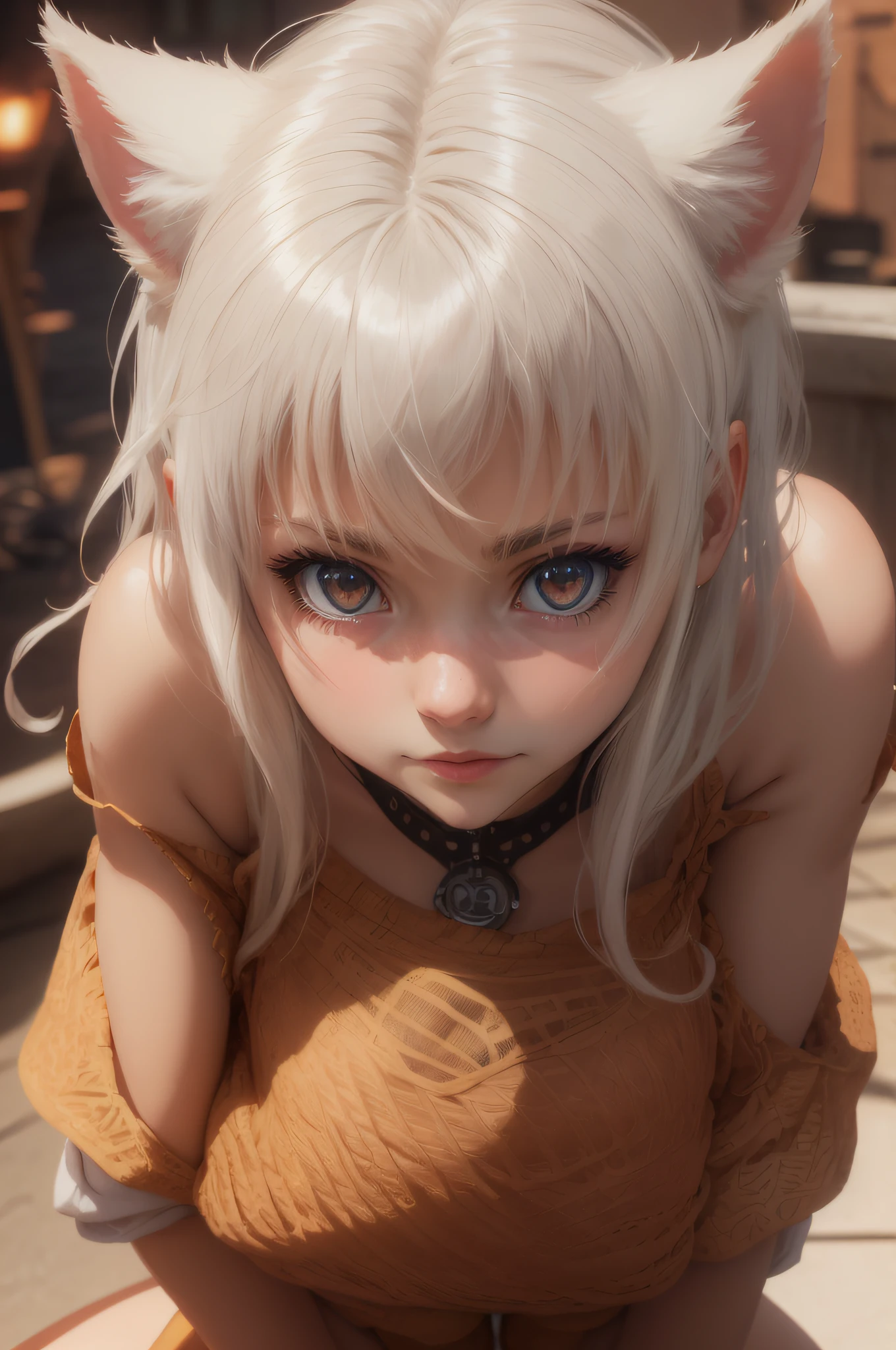 A girl with cat ears looks at the camera while standing outside at night, She is dressed in a black tight top and short shorts, Miniature figure, Model appearance, bright eyes and white hair, hairpins in the hair, skinny waist, Slender figure, confusion, sexuality, Beautiful cat ears, little chest, Sweet girl, attractive anime girl, beautiful anime girl, Cute beautiful anime woman, detailed digital anime art, beautiful anime girl, beautiful anime girl, Anime with small details, Best Quality, Masterpiece, Ultra-detailed, Beautiful, hight resolution, Original,CG 8K ультрареалистичный, perfect artwork, beatiful face, Face Clean, Skin, hyper realistic, Ultra Detailed, A detailed eye, dramatic lighting, (Realistic) Realistic, Full HD, Best Quality, Best Quality, Beautiful lighting, (8k wallpaper of extremely detailed CG unit), High Details, sharp-focus, The art of dramatic and photorealistic painting, beautiful smile,