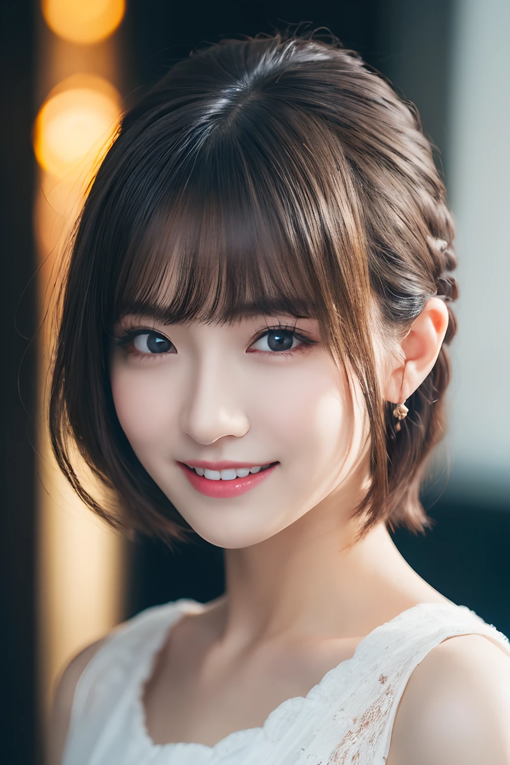 1girl in, (Dress up in fashionable trendy fashion:1.2), (Raw photo, Best Quality), (Realistic, Photorealsitic:1.4), masutepiece, Extremely delicate and beautiful, Extremely detailed, 2k wallpaper, amazing, finely detail, the Extremely Detailed CG Unity 8K Wallpapers, Ultra-detailed, hight resolution, Soft light, Beautiful detailed girl, extremely detailed eye and face, beautiful detailed nose, Beautiful detailed eyes, Short hair,
Cinematic lighting, autumn lights, Perfect Anatomy, Slender body, Smiling, Very fashionable atmosphere