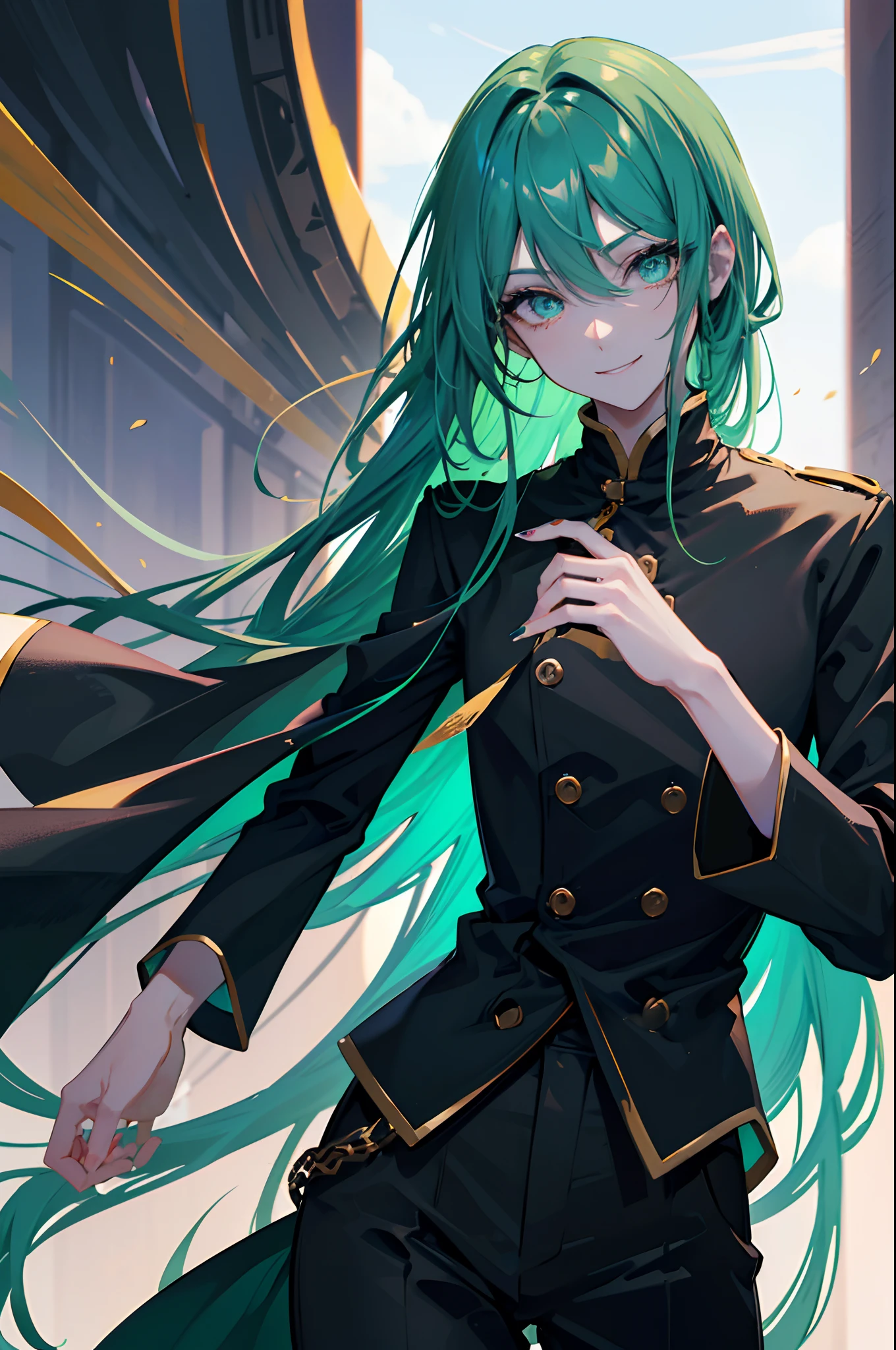 male people　long green hair　verd s eyes　suits　ember　Halloween　Wearing pants　Brewing black tea 　A smile　​masterpiece　Top image quality　Clear　cinematic shadow　Increased attractiveness of the eyes　Clear the shine of the eyes　Draw eyelashes neatly　Perfect Eye　A detailed eye　Sharpen image quality　Sharpen eye writing　Clear eye shape