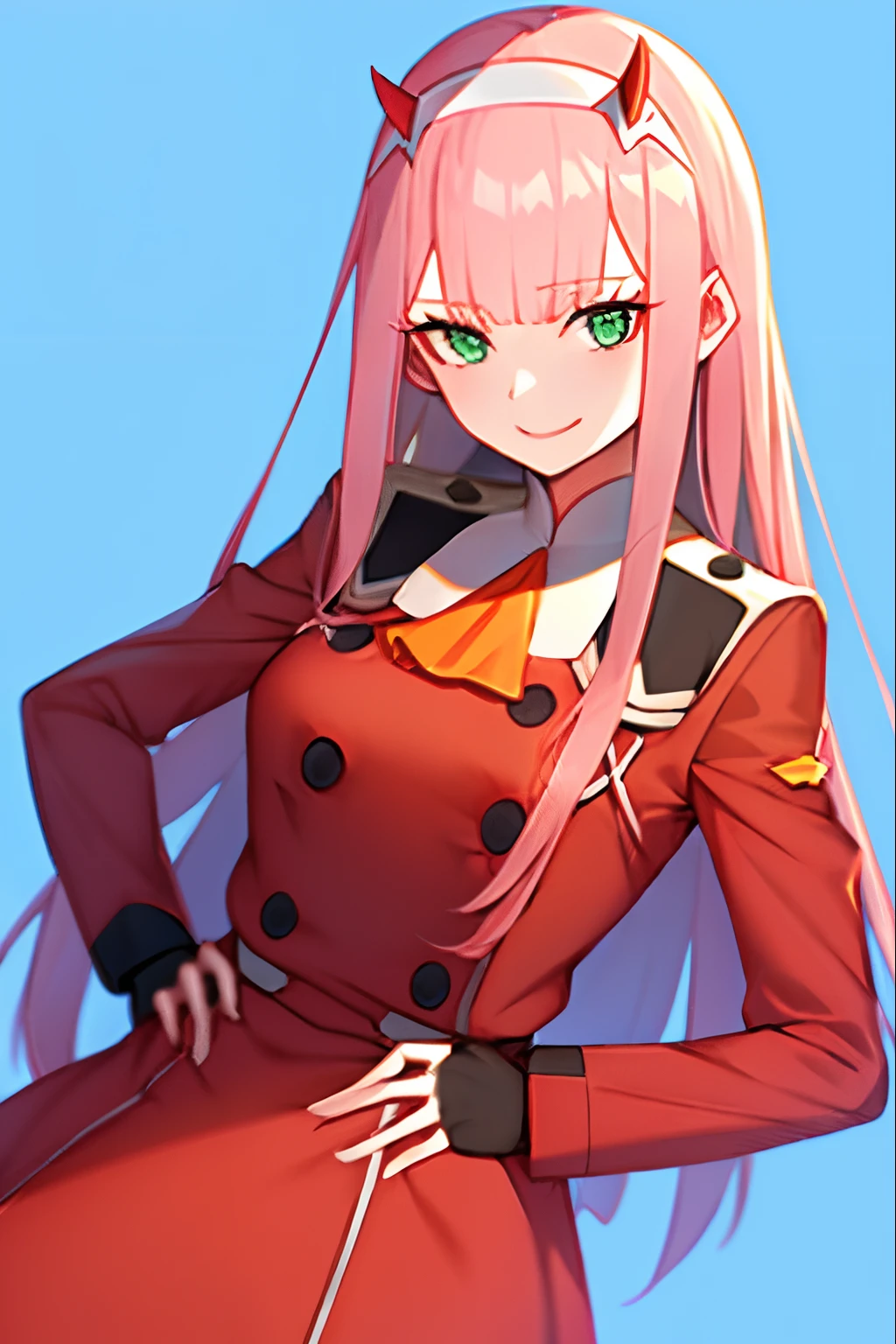Zero Two \(darling in the franxx\), darling in the franxx, 1girl, ascot, Bangs, blue background, Green eyes, hairband, Horns, Long hair, long sleeves, looking a viewer, red jacket, closed jacket, military uniform, oni horns, Orange Ascot, pink hair, red horns, Simple background, Smile, 独奏, Standing, uniform, white hairband, ((Masterpiece)),
