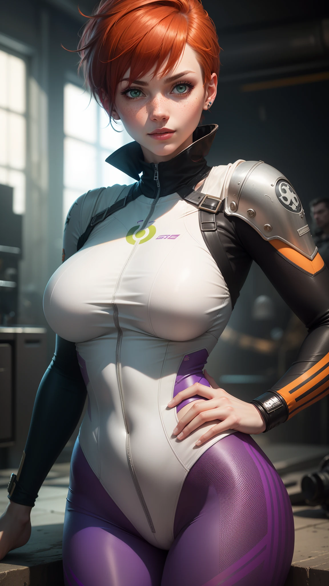 gwen tennyson,tracer,bulma,rebecca chambers,overwatch,1girl,sunny,close up,cyberpunk city,space ship,steel armor,military uniform,military gear, pirate corset,white long sleeve lycra top,military leggings,short hair,battle scars,goth makeup,green eyes,orange hair,purple hair highlights,shy smile, freckles,redhead,beautiful girl,large breasts,ultra detailed,realistic,fantasy art,