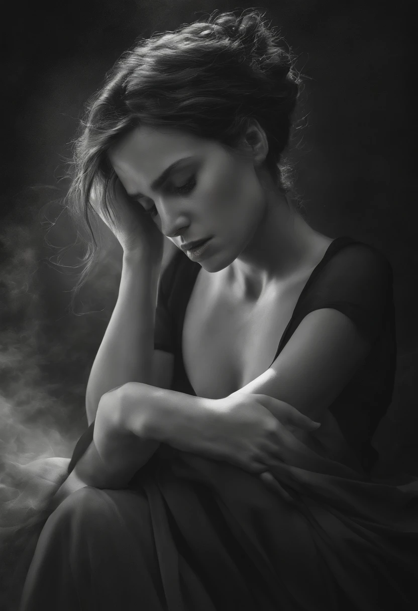 (best quality,highres,masterpiece:1.2),ultra-detailed,emotional,anxiety representation,figure,worried and restless expression,deeply concerned eyes,uneasy posture,stressful atmosphere,subtle trembling,hands covering face,overthinking and overanalyzing thoughts,dark shadows,dramatic lighting,delicate brushstrokes,monochrome color palette,deep emotional connection,mental health awareness,abstract interpretation,complex emotions,symbolic representation,inner turmoil,distorted reality,thought-provoking,message of empathy and understanding