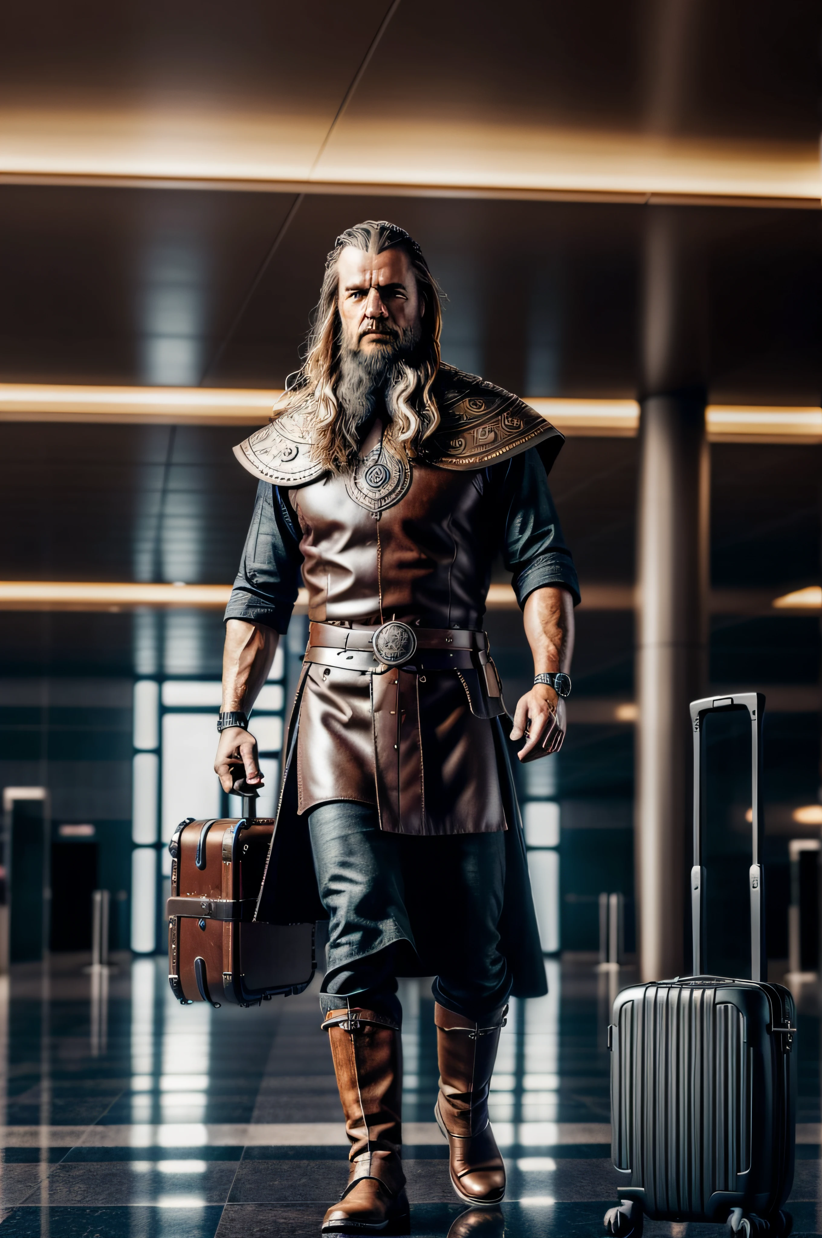 Image of a Viking with a sansonite suitcase waiting at the airport to board a plane, mejor calidad, obra maestra, ultra-high-resolution, (fotorrealista: 1.4), , 80 mm, horror lighting, Dynamic action (((wet oil hair))),render 3D complejo ultra detallado de un, (h. r. ESTILO Bloody),, Renderizado de octanaje, Estilo HR Giger, 8k, La mejor calidad, obra maestra, illustration, un extremadamente delicado y hermoso, extremadamente detallado, CG, unidad, papel tapiz, (realista, fotorrealista:1.37), asombroso, Detalle fino, obra maestra, La mejor calidad, arte oficial, fondo de pantalla CG 8k extremadamente detallado, absurdo, incredible,ESTILO Tim Burton