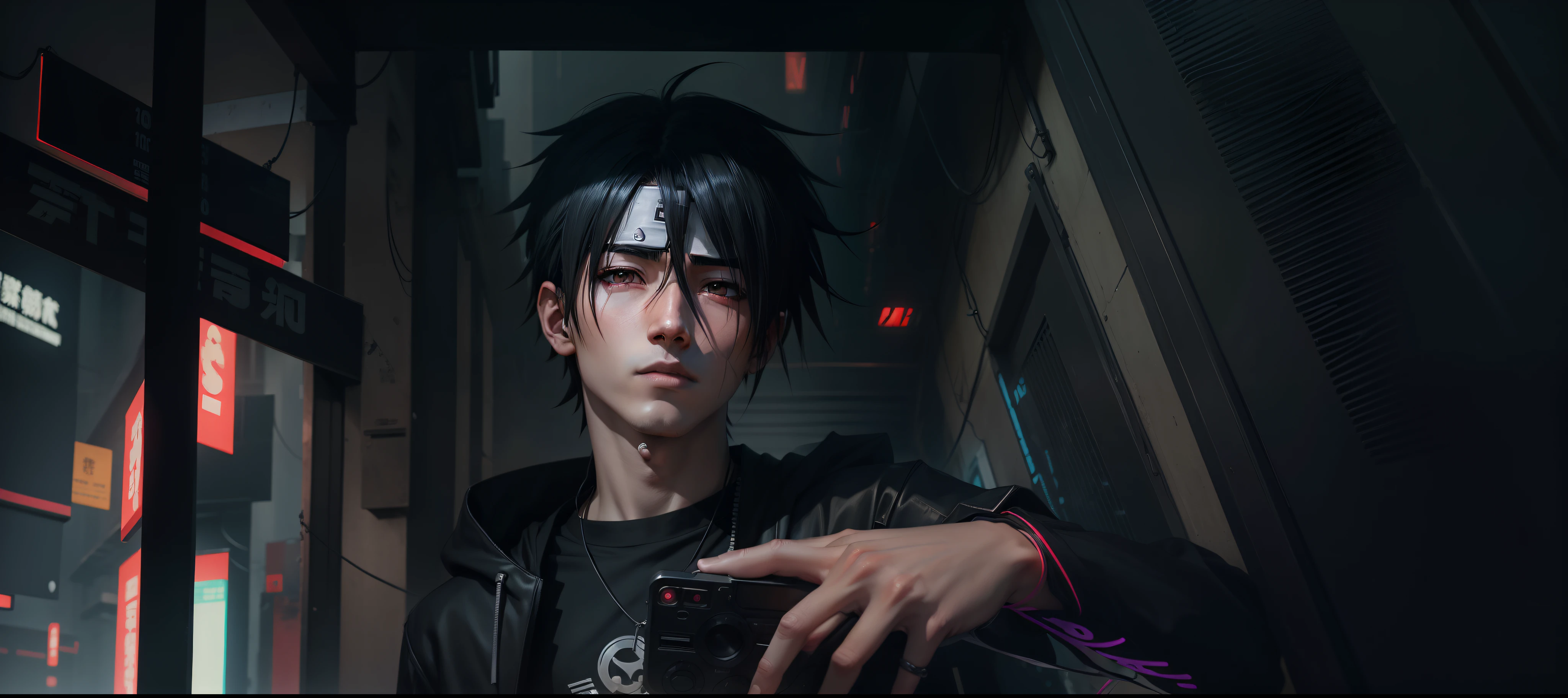 1 boy, uchiha itachi from naruto anime, anime style, cyberpunk style, black clothes, cyberpunk --q 0.25