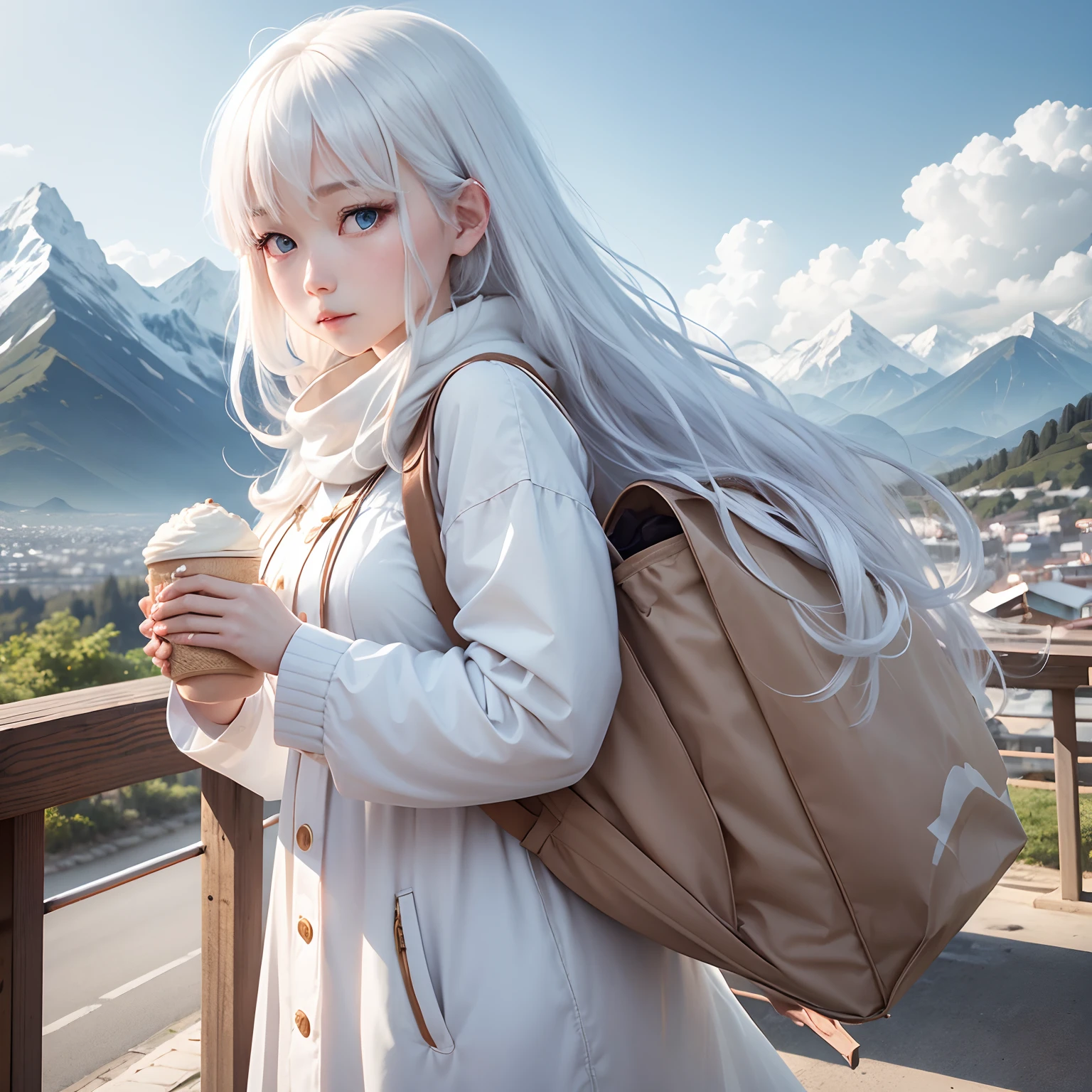 In the background are mountains, a beautiful girl name is May, 1  with blue eyes, long white hair, wearing a white, Wearing 1 bag, holding a dumpling