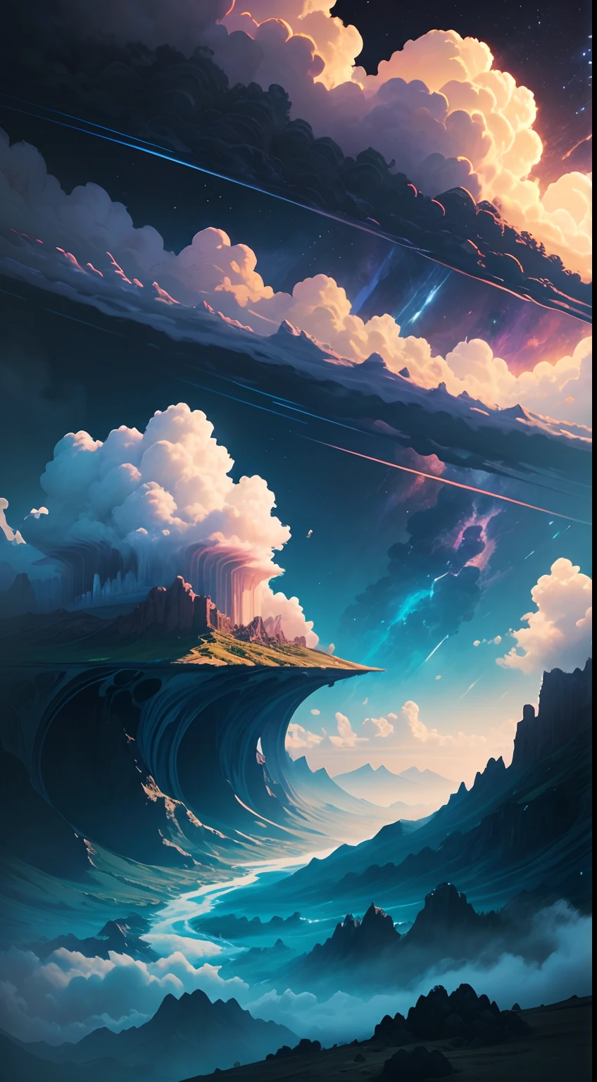 illustration of jupiter clouds by dan mumford, alien landscape and vegetation, epic scene, a lot of swirling clouds, high exposure, highly detailed, realistic, vibrant blue tinted colors, uhd