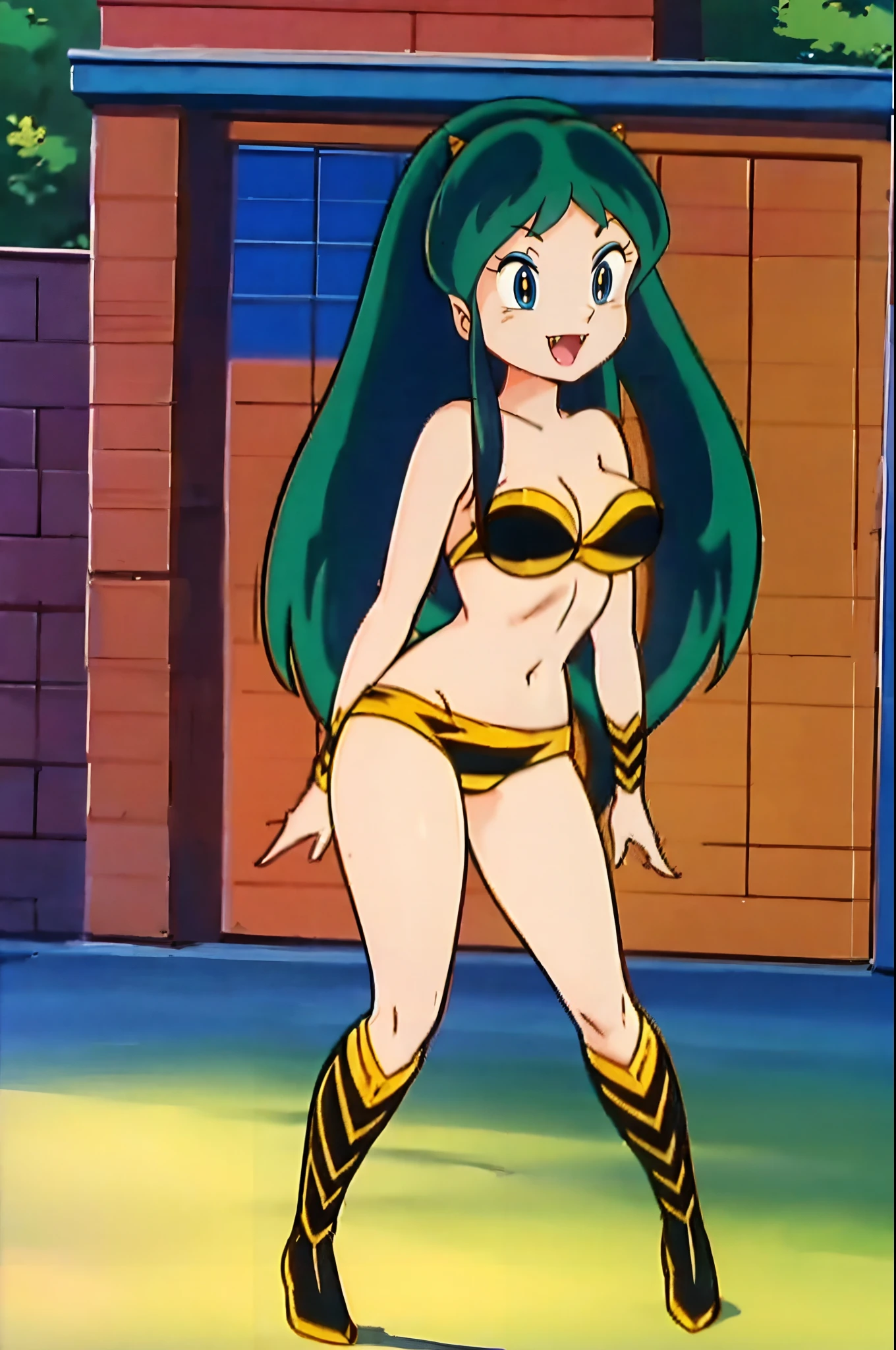 lum, superhero costume,, standing,, boots, oni, smile,, full body, sentai, bikini, horns, curvy, big breast, open mouth teeths, fangs