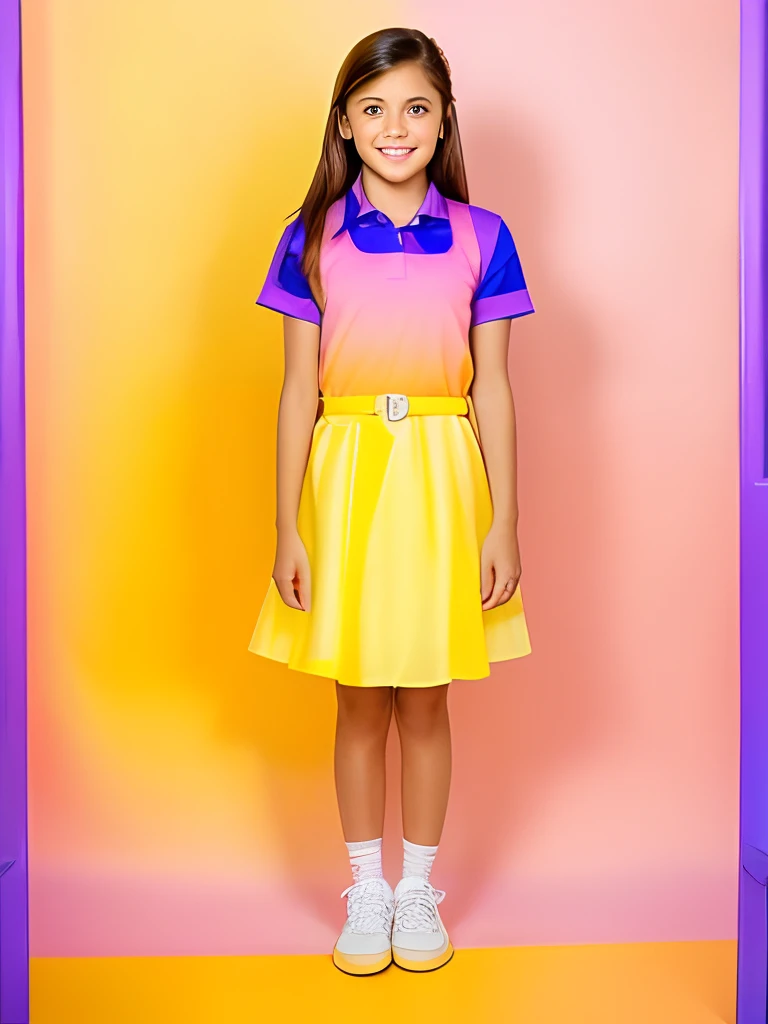 14 year old girl with Brown hair and blue eyes wearing a black flared dress with thick straps and round collars, a shirt with a watercolor style (pink, turquoise blue, vibrante purple, neon yellow) and thin short sleves in a baby look style, a belt with a watercolor print (pink, neon yellow, turquoise blue, vibrante purple), long white socks and shoes black with colorful laces, uniform orphanage in informal style, White background like a soap opera promocional photo.