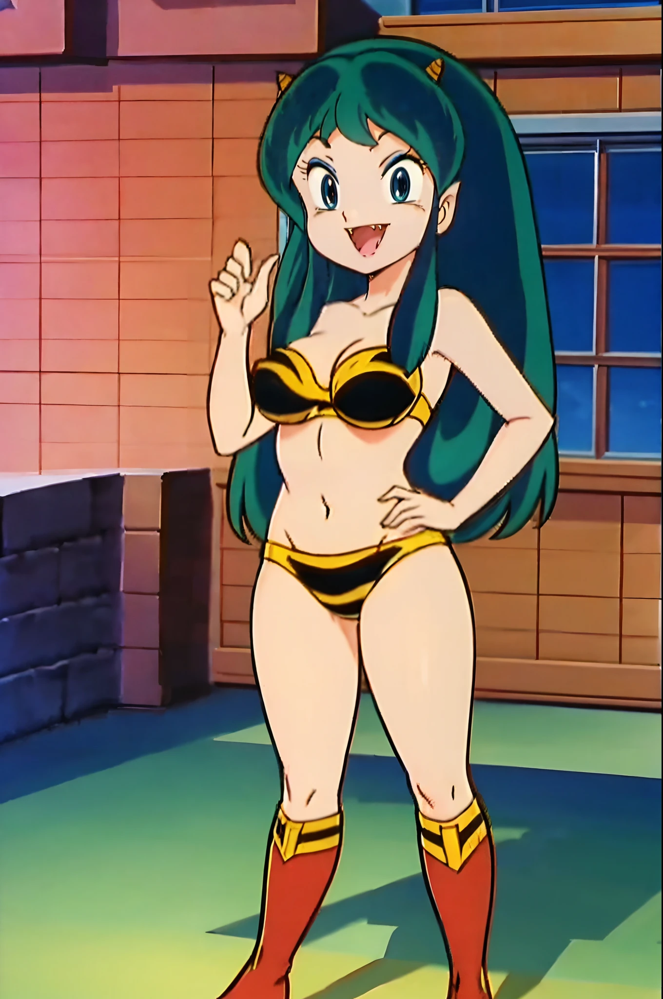 lum, superhero costume,, standing,, boots, oni, smile,, full body, sentai, bikini, horns, curvy, big breast, open mouth teeths, fangs