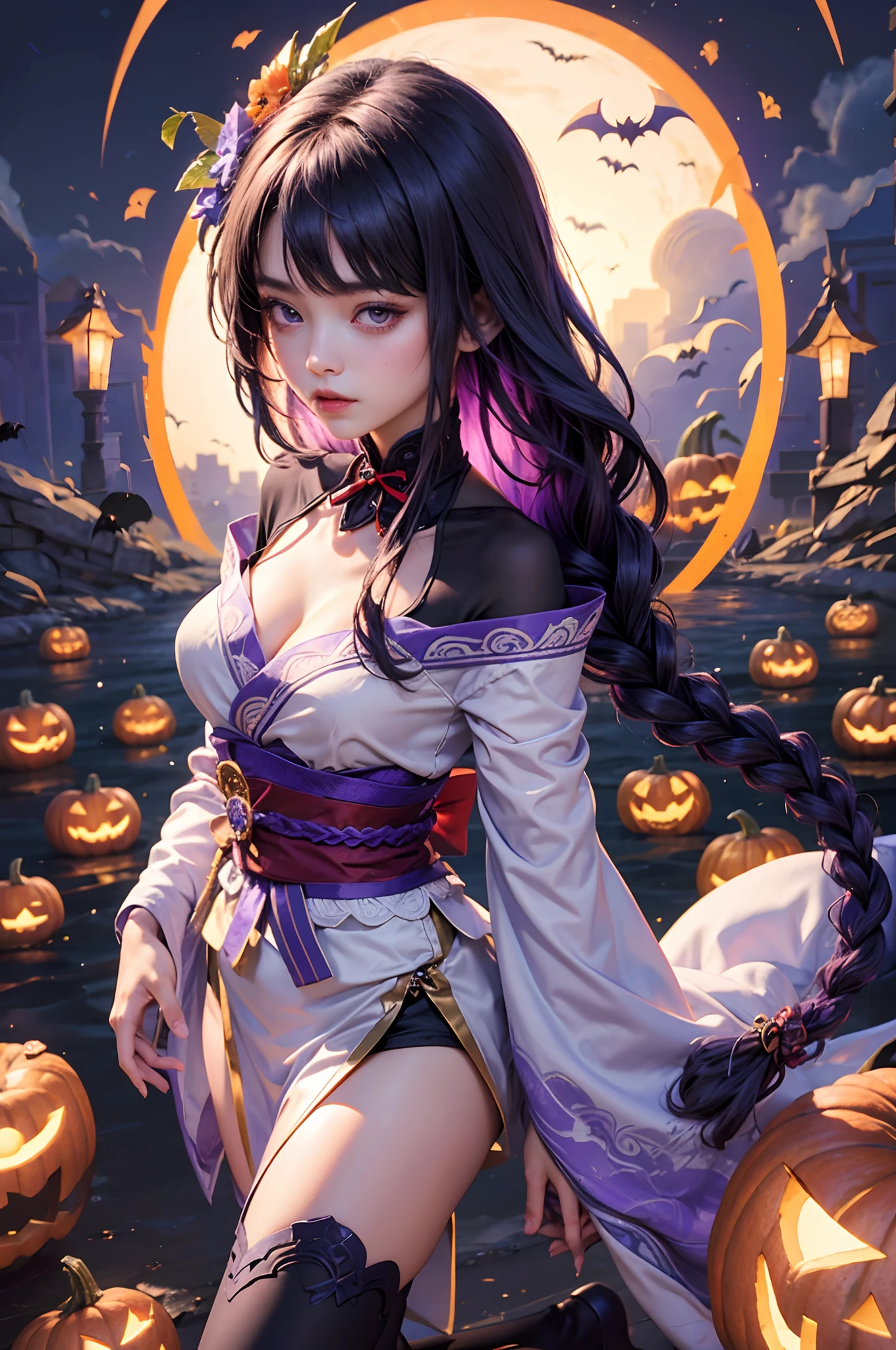 best quality, masterpiece, highres, 1girl,female,solo, mature female, raiden, 1girl, \n/, very long purple hair purple braid, hanfu,black clothes on shoulders,(collarbone:0.9), hanfu,tang style, long black stockings, solo, full body, white kimono with purple details, ((halloween, pumpkins))