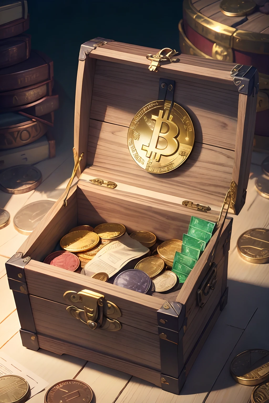 A graphic image of a treasure chest overflowing with bright, shiny, various cryptocurrencies with the text "10 Secrets Revealed.