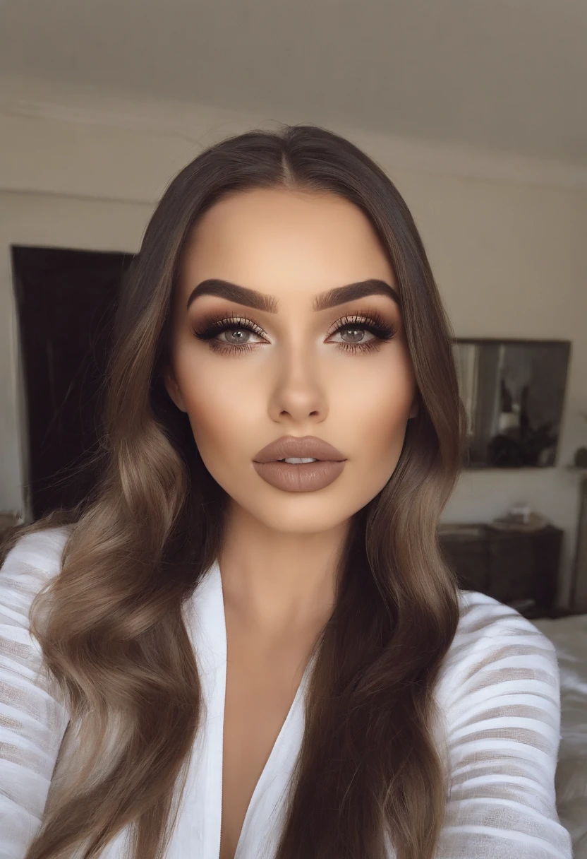 mulher arafed totalmente , Menina sexy com olhos castanhos, ultra realistic, meticulosamente detalhado, Retrato Sophie Mudd, cabelos castanhos e olhos grandes, selfie de uma jovem mulher, Olhos de Dubai, Violeta Myers, sem maquiagem, maquiagem natural, Looking directly at the camera, Rosto com ArtGram, maquiagem sutil, impressionante tiro de corpo inteiro ajoelhado na cama, no quarto, medium to large bust, piscina, calor, sexy