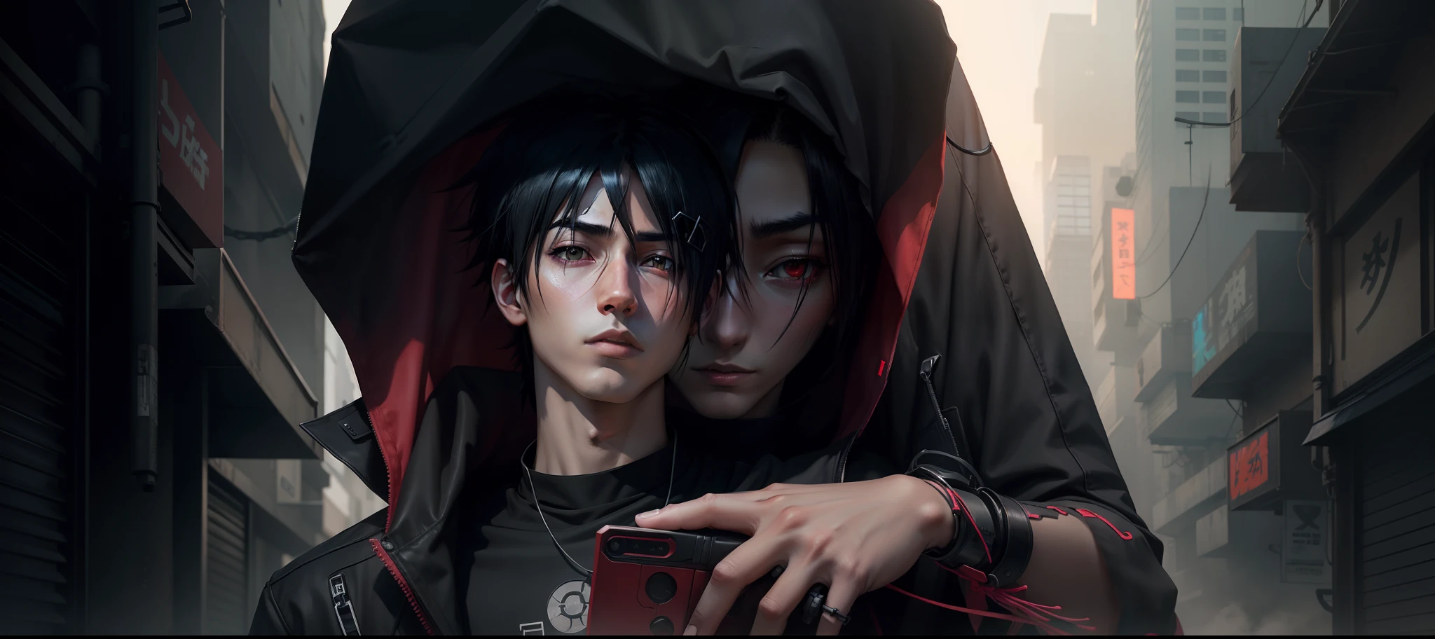 1 boy, uchiha itachi from naruto anime, anime style, cyberpunk style, black clothes, cyberpunk --q 0.25