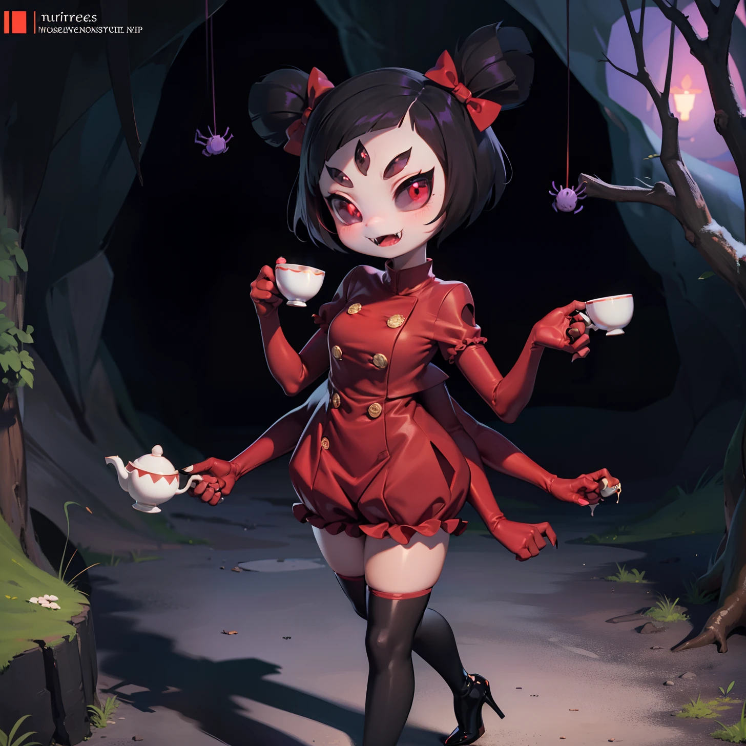 [muffet_(undertale)], [uploaded to e621.net; (napalm_express), (iseenudepeople)], ((masterpiece)), ((HD)), ((High definition)), ((detailed shading)), ((solo portrait)), ((full body)), ((front view)), ((beautiful render art)), ((monster girl)), {(spider girl); purple skin, glowing red eyes, 5 eyes, black hair, (2 hair buns), (6 arms), (sharp claws), (excited expression)}, {(red rompers), (buttons), (black knee high heel boots)}, {(walking), (holding teacup)}, [Background; (cave:1.2), (webs), (dark lighting), (spiders)]