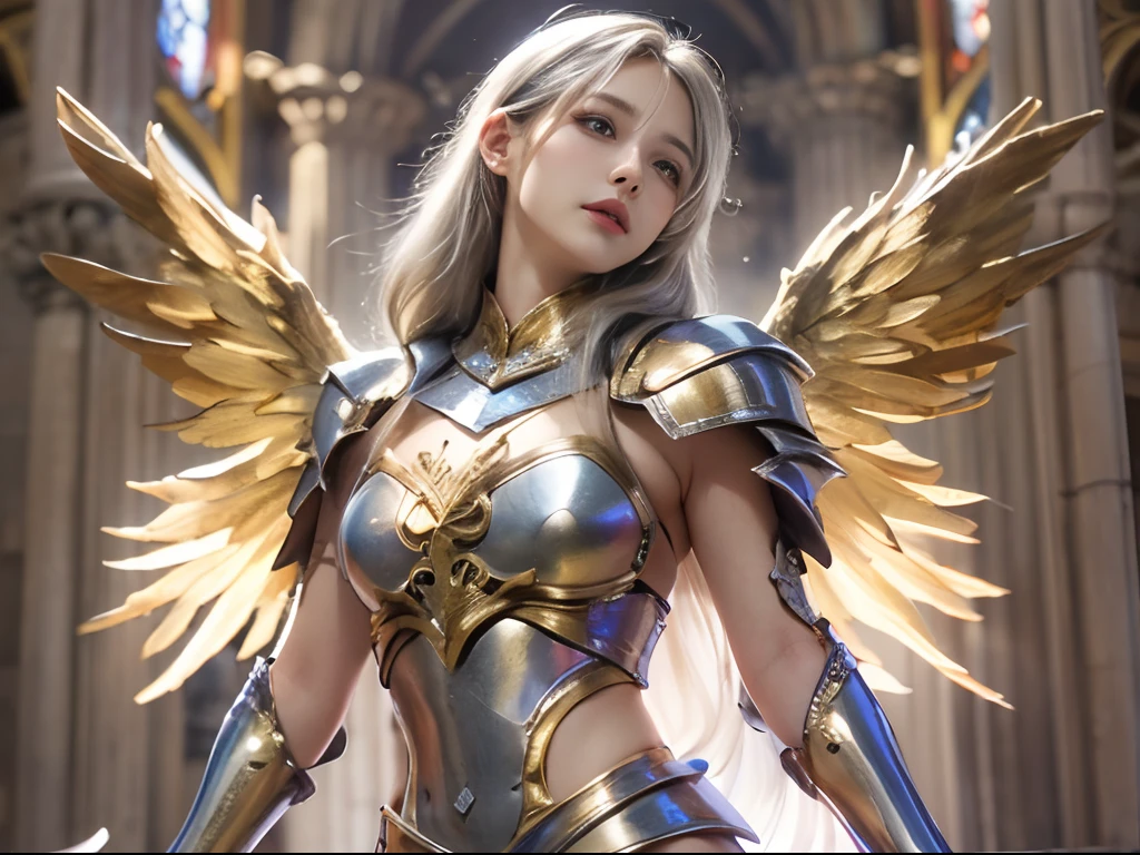 (8K, best quality:1.2), (masterpiece:1.37), (photo, photorealistic:1.37), (ultrahigh-res), shot from front, a female paladin in full body armor, (fullbody gold fantasy armor, ornately decorated, decorated in jewlery, :1.2), (metal plated angel wings:1.3), bright angel halo, looks into camera, (insanely detailed, bloom:1.5), (highest quality, Alessandro Casagrande, Greg Rutkowski, Sally Mann, concept art, 4k), (analog:1.2), (high sharpness), (detailed pupils:1.1), detailed face and eyes, wears a helmet, Masterpiece, best quality, (highly detailed photo:1.1), (long silver Hair,ecstatic:1.1), (young woman:1.1), sharp, (perfect body:1.1), realistic, real shadow, 3d, (Stained-glass windows :1.2), slow motion, falling flower petals, (lens dirt: 1.5)
photographed by Canan EOS R6, 135mm, 1/1250s, f/2.8, ISO 400