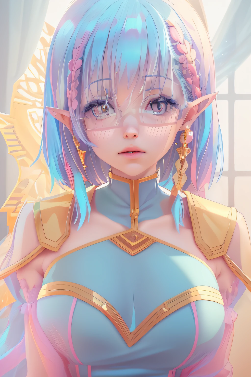 realisticity: 1.2), best quality, 8K UHD, ultra detail, masterpiece, highres, super detail, ultra detail, cg, 1girl, queen, sword, long hair, dress, diamond dress, solo, jewelry, yellow dress, wearing a very beautiful dress, there are lots of diamonds on her dress which is very beautiful,

wearing a very beautiful crown, earrings, hair ornament, splashing, upper body super realistis, hair bun, blue and pink hair, sitting on a magnificent and beautiful royal throne backgraun super realistis and super detail, ultra detail, lighting,candid, Photograph, high resolution, 8k, 10k, Bokeh,